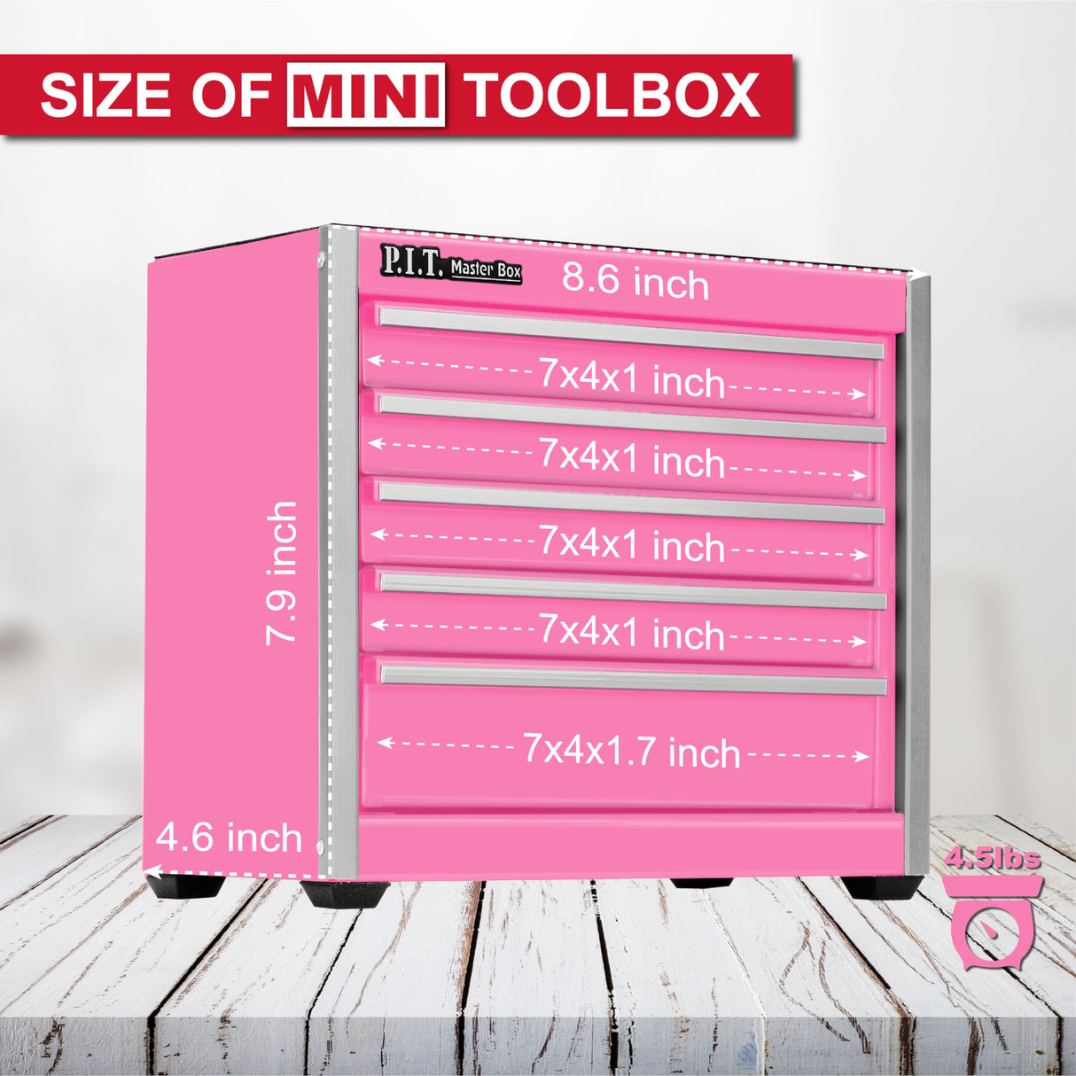 P.I.T. Mini Pink Tool Box, Portable 5-Drawer Micro Roll Cab Steel Tool Box with Liner, Pink Small Tool Case for Tools Storage, Home DIY P.I.T.