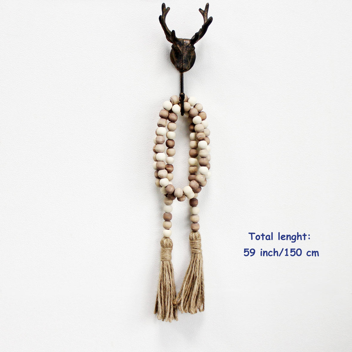 CVHOMEDECO. Wood Beads Garland with Tassels Farmhouse Rustic Wooden Prayer Bead String Wall Hanging Accent for Home Festival Decor. Mix Distressed CVHOMEDECO.