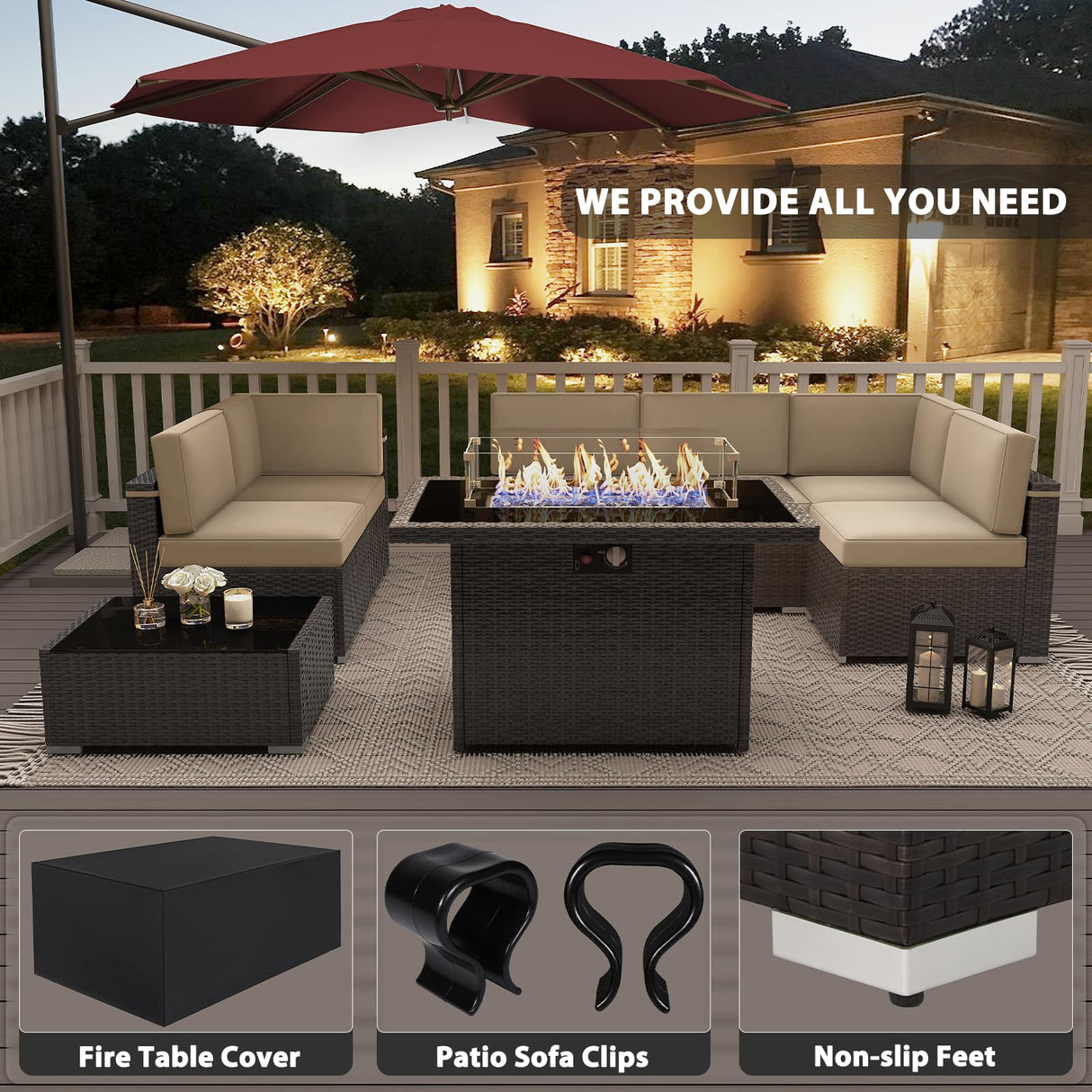Vakollia 8 Pieces Patio Furniture Set with 44" Propane Gas Fire Pit Table, Outdoor Sectional Brown Rattan Wicker Conversation Sofa Sets with Coffee Table Vakollia
