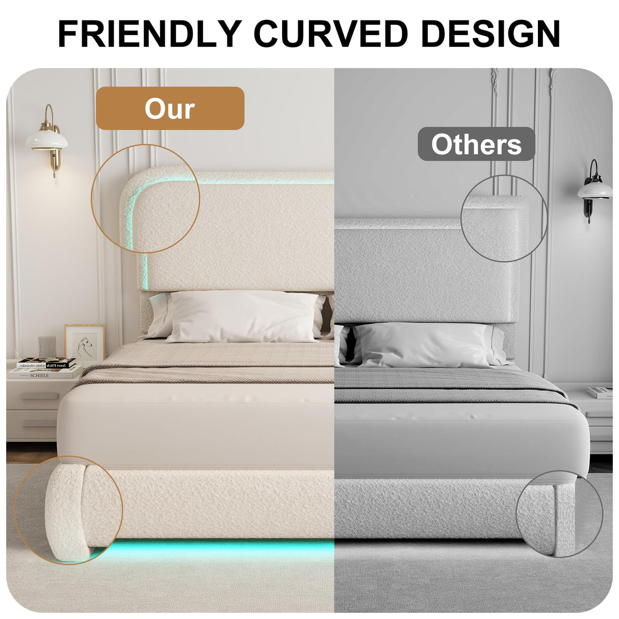 Full Bed Frame, Soft Teddy Fleece Upholstered Platform Bedframe with Thickened Rounded Corners Headboard Footboard, Modern Curved Shaped Cloud Bed Frame with LED Lights, No Box Spring Needed, Cream SIBEDS