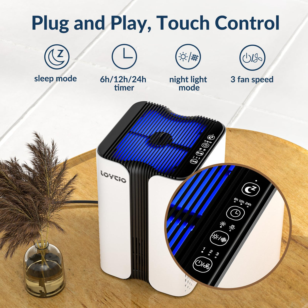 LOYTIO Air Purifiers for Home, HEPA Air Purifier Covers Up to 400 sq.ft Room, 24db Sleep Model, Night Light,3 Timers, with Aromatherapy for Bedroom, Dorm Room, Apartment, Kitchen-KJ7 Loytio