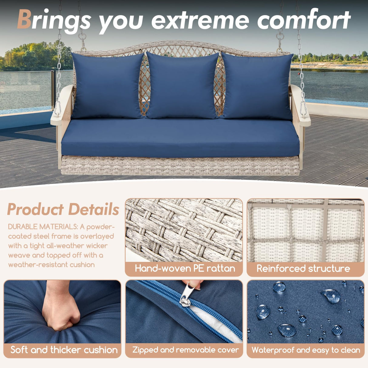 ZZW Upgraded Wicker Hanging Porch Swing, Heavy Duty 900 LBS 3-Seat Outdoor Patio Swing Chair Bench for Adult, w/ 8.9ft Hanging Chains, Cushions and Cup Holder(Grey/Blue) ZZW