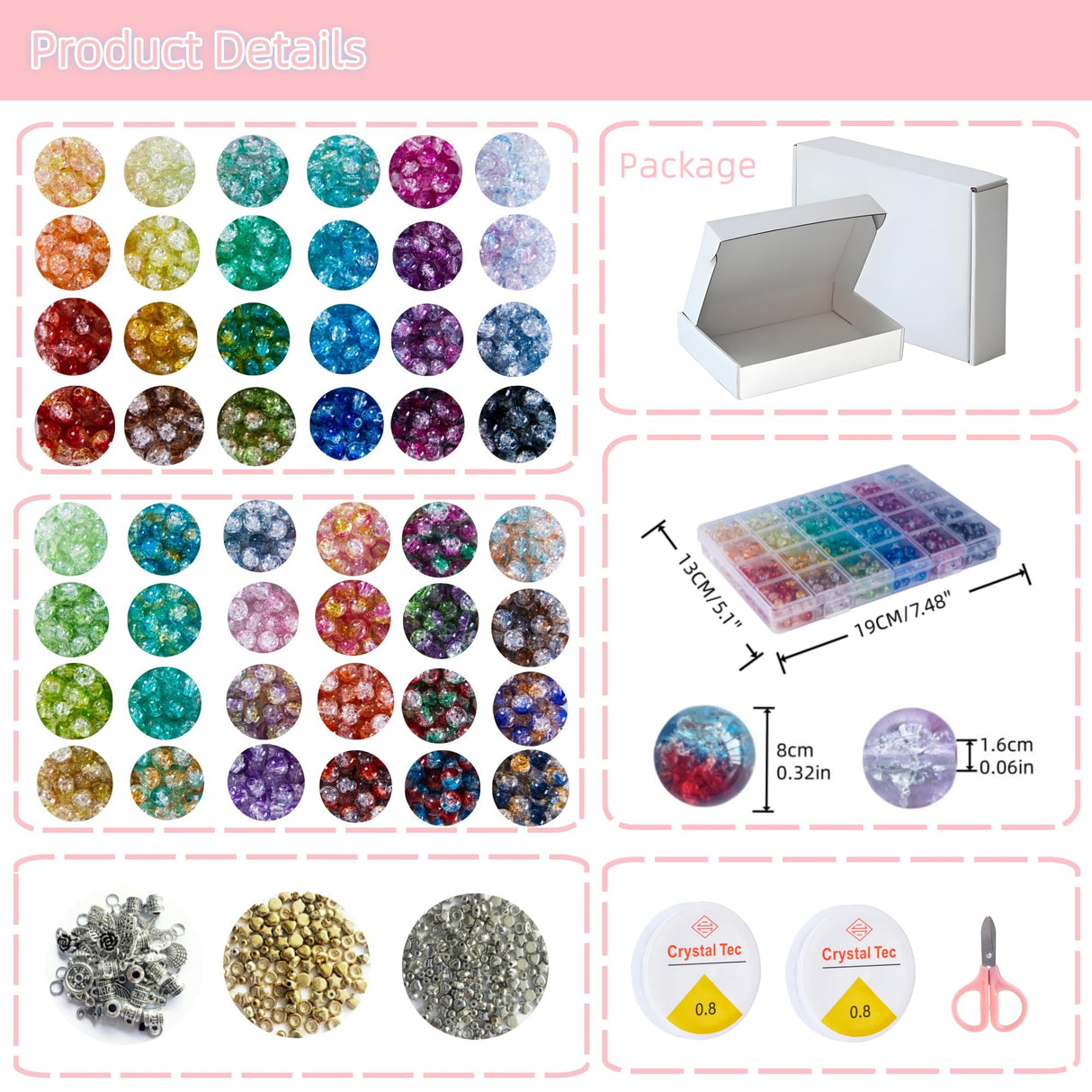 1300PCS 8mm Mixed Crackle Glass Beads for Bracelets Making with Accessories, 48 Colors Crystal Glass Beads Jewelry Making Kit, Round Beads for DIY Bracelet Crafts REVKI