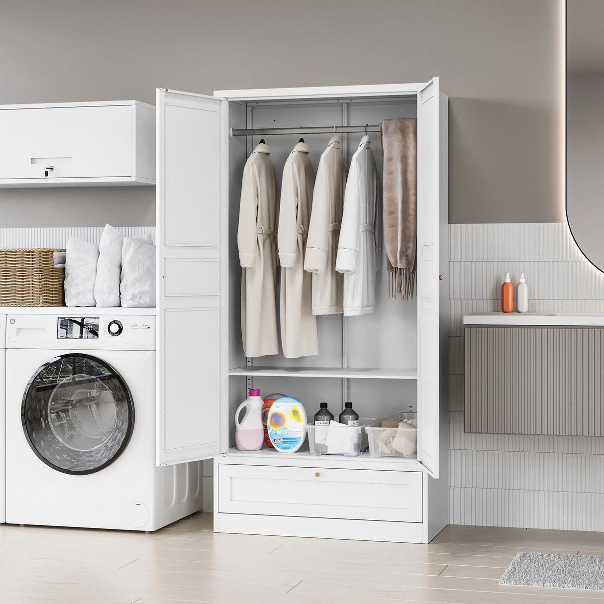 MIIIKO Wardrobe Closet with Drawer, 2 Doors Clothes Cabinet, 72" Metal Storage Cabinets with Hanging Rod, Bedroom Armoires Laundry Room and Office Clothes Storage Organizer Cabinets MIIIKO