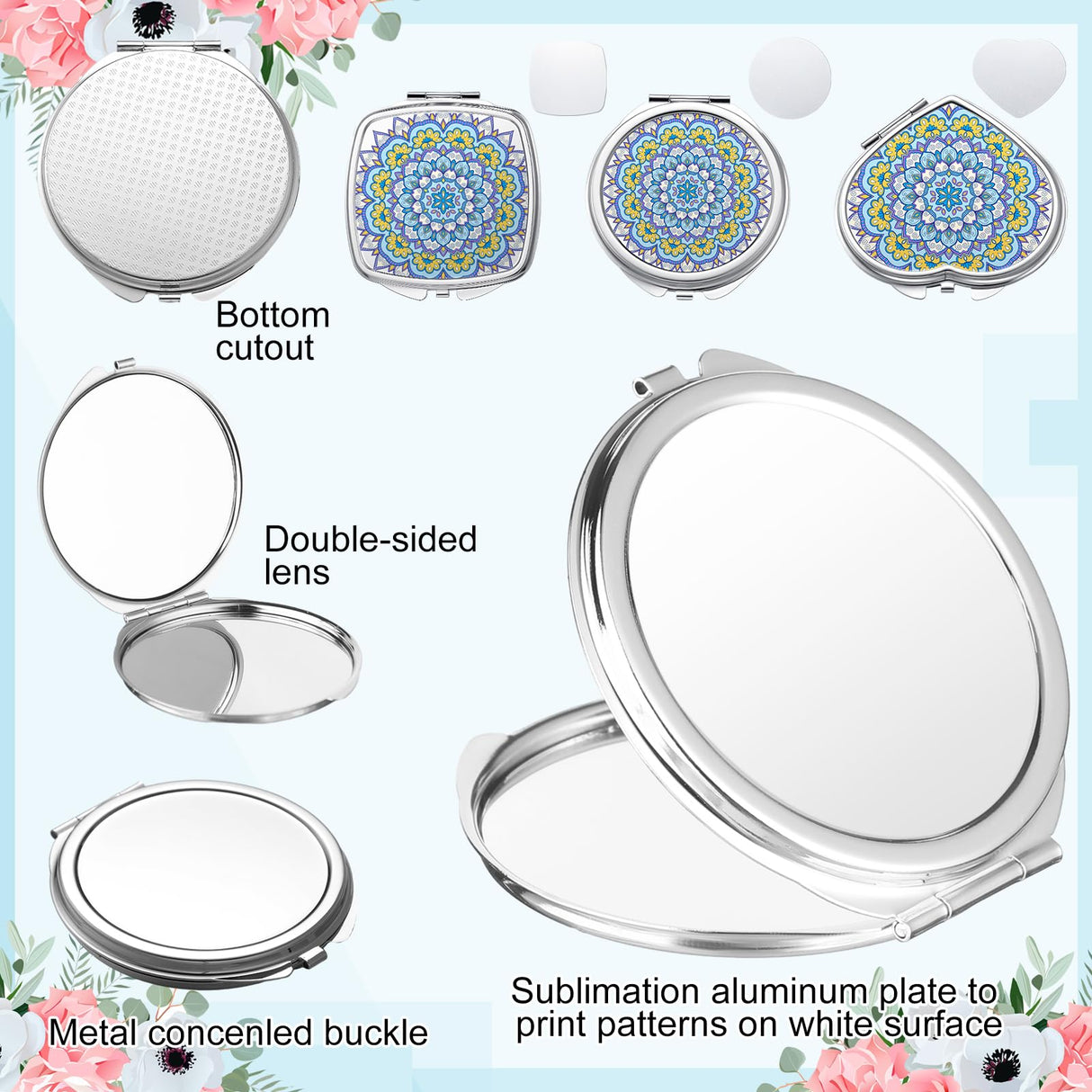 Jetec 18 Pcs Sublimation Blanks Products Small Compact Mirror Bulk Heat Transfer Folding Pocket Makeup Mirror Heart Round Square Double Sided Handheld Sublimation Mirror for Women Gift Purse Travel Jetec