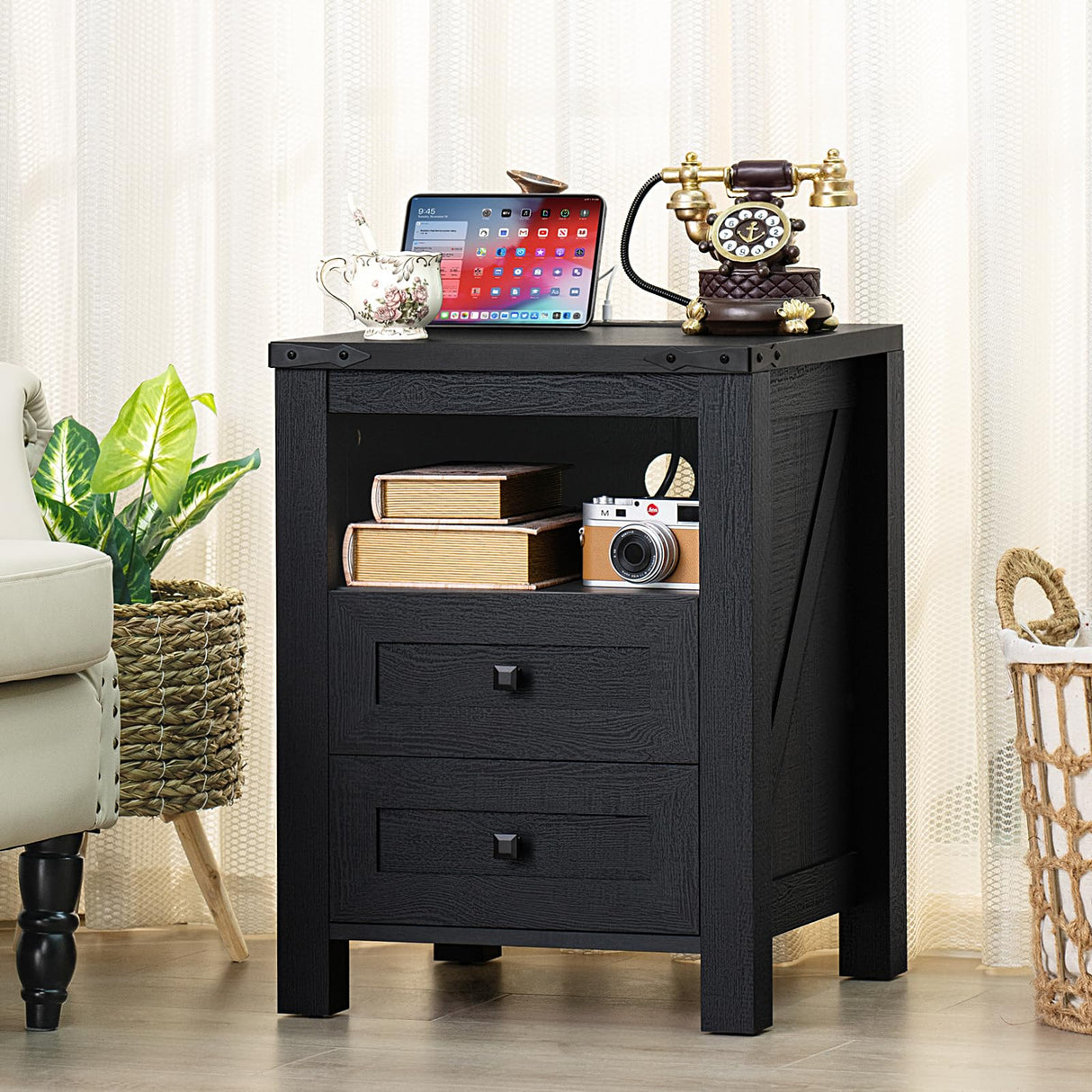 Joaxswe Nightstand with Charging Station and USB Port, Farmhouse Night Stand with 2 Drawers and Shelf Storage, Wooden Side End Table, Bedside Cabinet for Bedroom, Living Room, Closet,Office (Black) Joaxswe