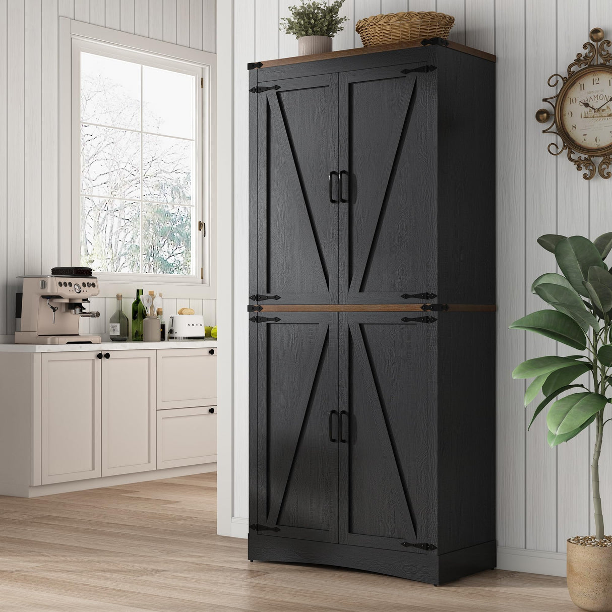 71in Farmhouse Kitchen Pantry Cabinet,Tall Storage Cabinet with 4 Doors and Adjustable shelves,with Load-Bearing Steel Pipe,Wood Storage Cabinets for Kitchen,Dining Room,Bathroom(Black) chartustriable