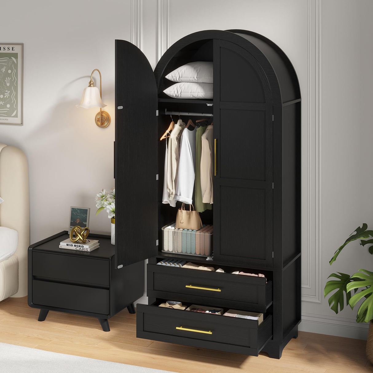 Maupvit Wardrobe Closet, Modern Armoire Wardrobe Closet with 2 Drawers and Arched Doors, 73" Tall Wooden Bedroom Armoires with Shelves and Hanging Rod, Black Maupvit
