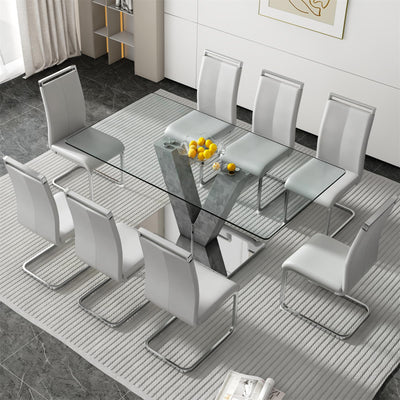 71" Glass Dining Table Set for 8, Kitchen Table and 8 PU Leather Chairs, Tempered Glass Top and MDF Base, 9-Piece Table Set Ideal for Living Room