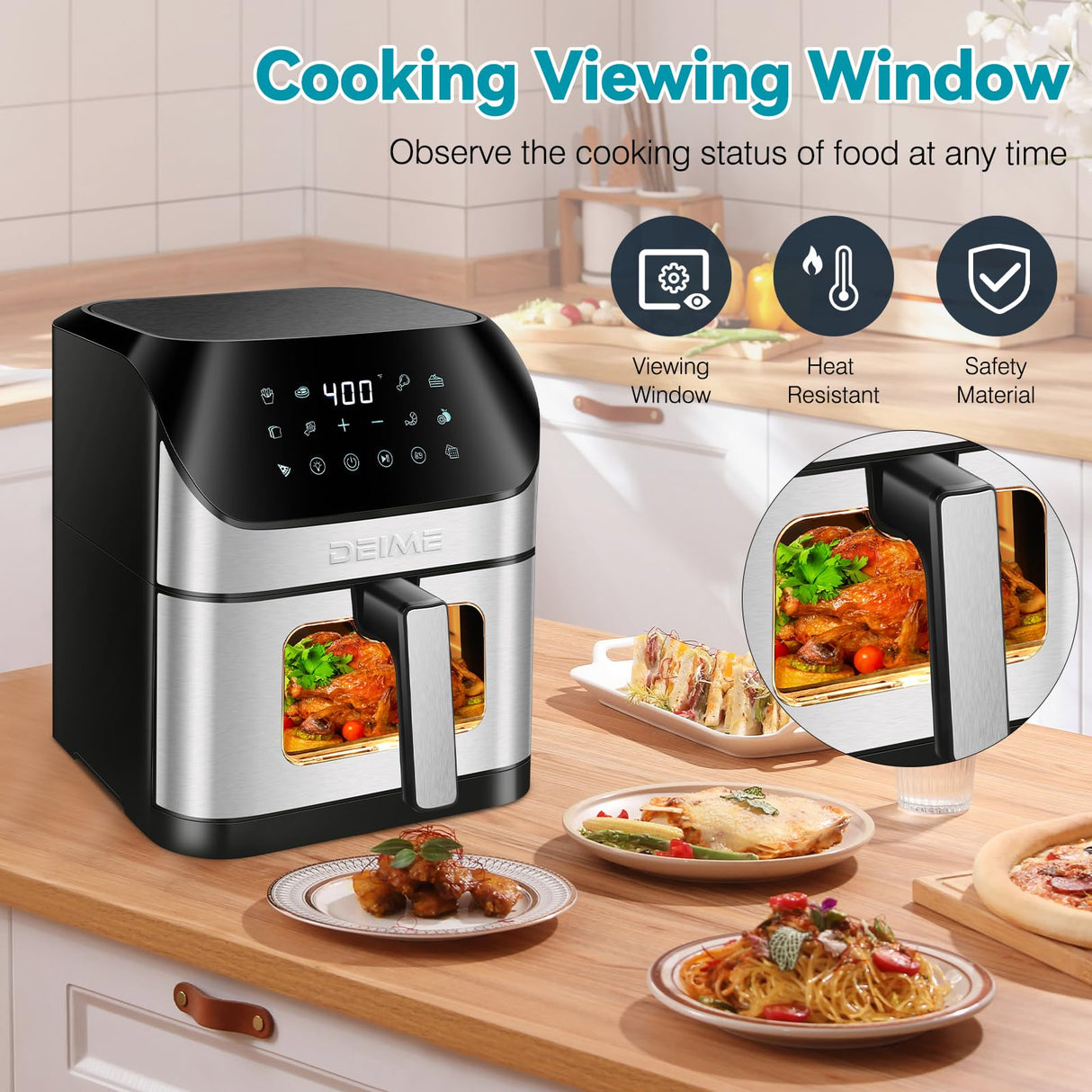 DEIME Air Fryer 6.2 QT Oilless Oven Large AirFryer Healthy Cooker with 10 1-Touch Preset, Visible Cooking Window, Non-Stick Basket & Dishwasher Safe deime