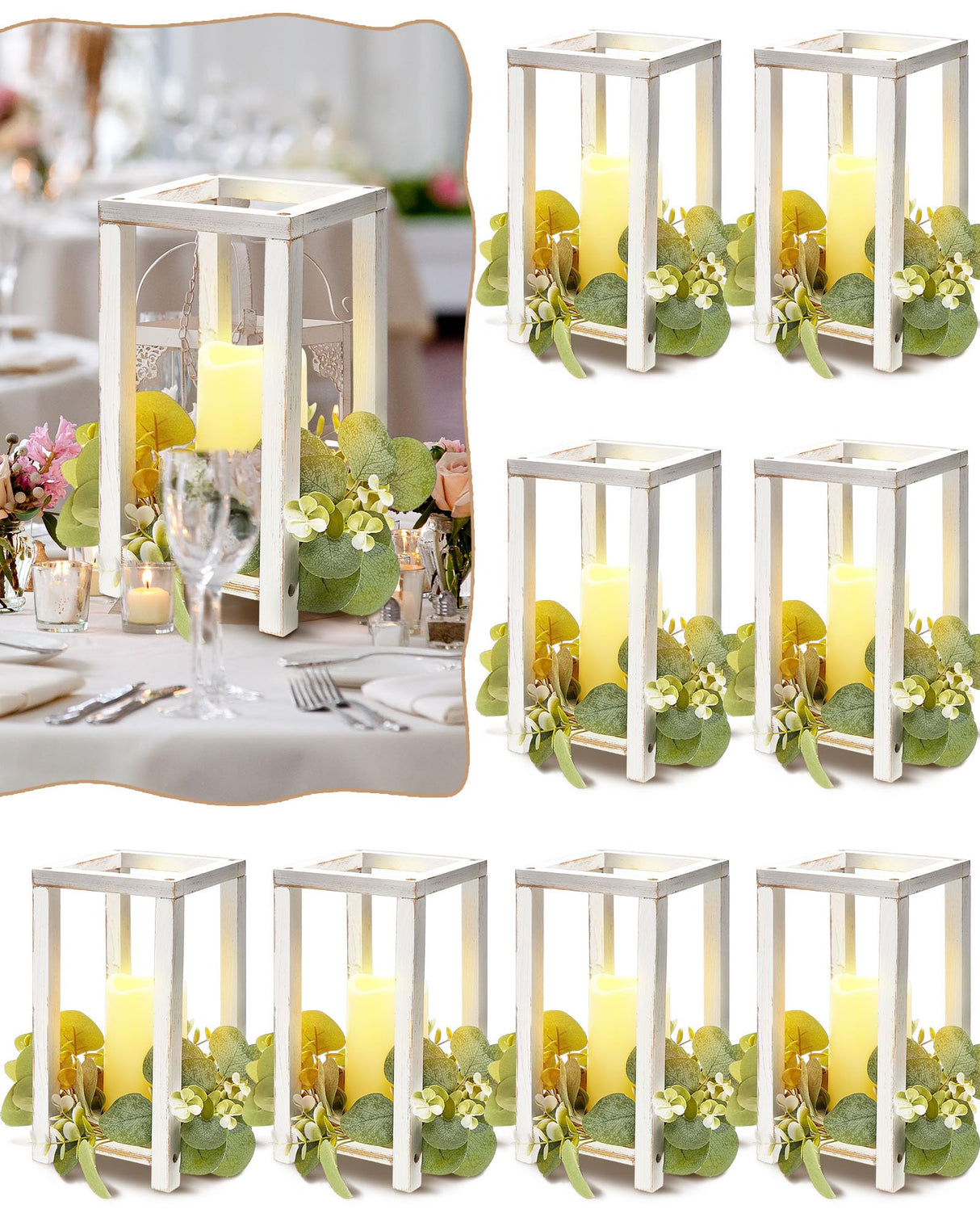Huquary 16 Pcs Wooden Candle Lantern Set Includes 8 Rustic Wedding Centerpieces for Table Farmhouse Wooden Candle Holder and 8 Flameless Decorative LED Candles for Wedding Decor (White,Rectangle) Huquary