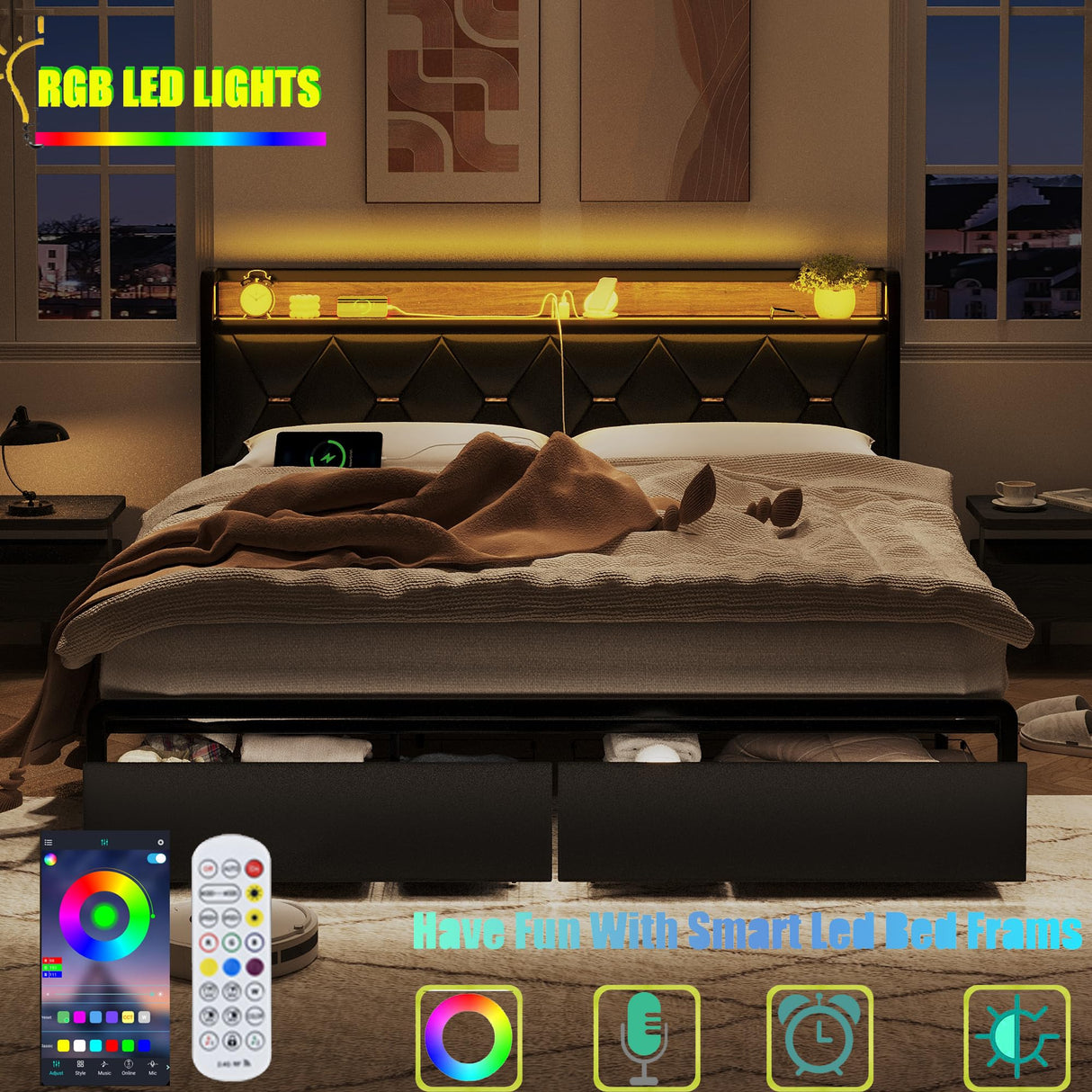 Ailisite King Size Upholstered Bed Frame with LED Headboard, Storage Drawers & Charging Station Ailisite