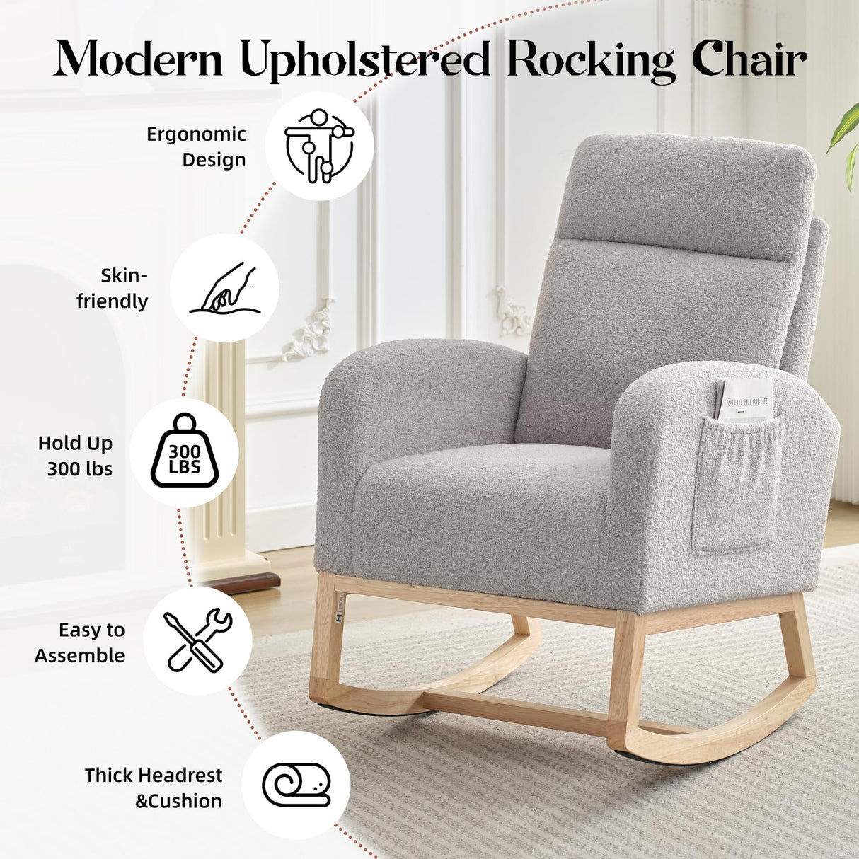 SLEKVERSA Modern Nursery Rocking Chair,Teddy Upholstered Glider with 26" High Backrest, Padded Seat for Living Room, Bedroom, Reading SLEKVERSA
