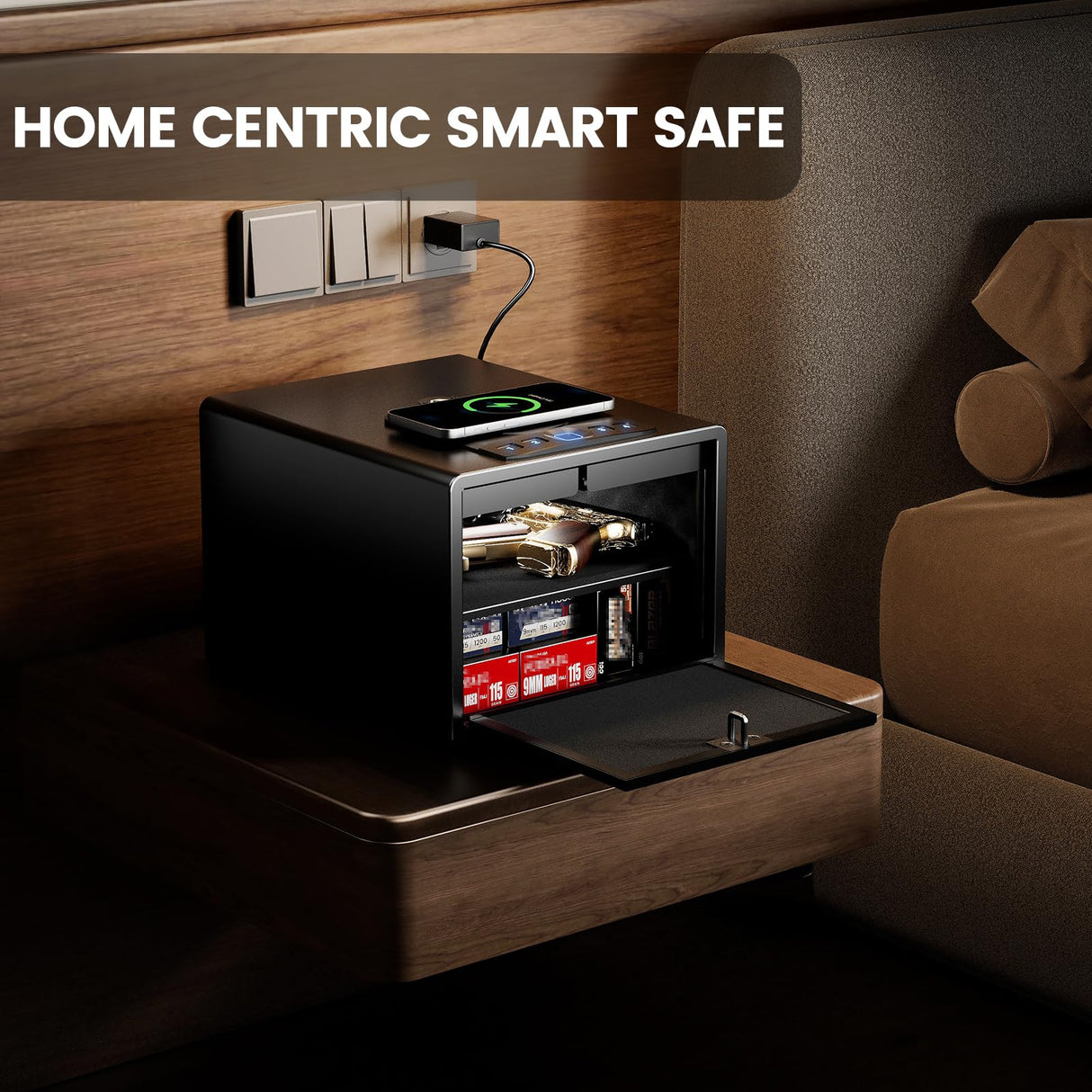 Grimtron Biometric Gun Safe for Handgun with Wireless Charging,Pistol Safe Quick Access Auto Open, Silent Mode and Adapter Nightstand Pistol-Safe up to 4 pstols (Black) Grimtron