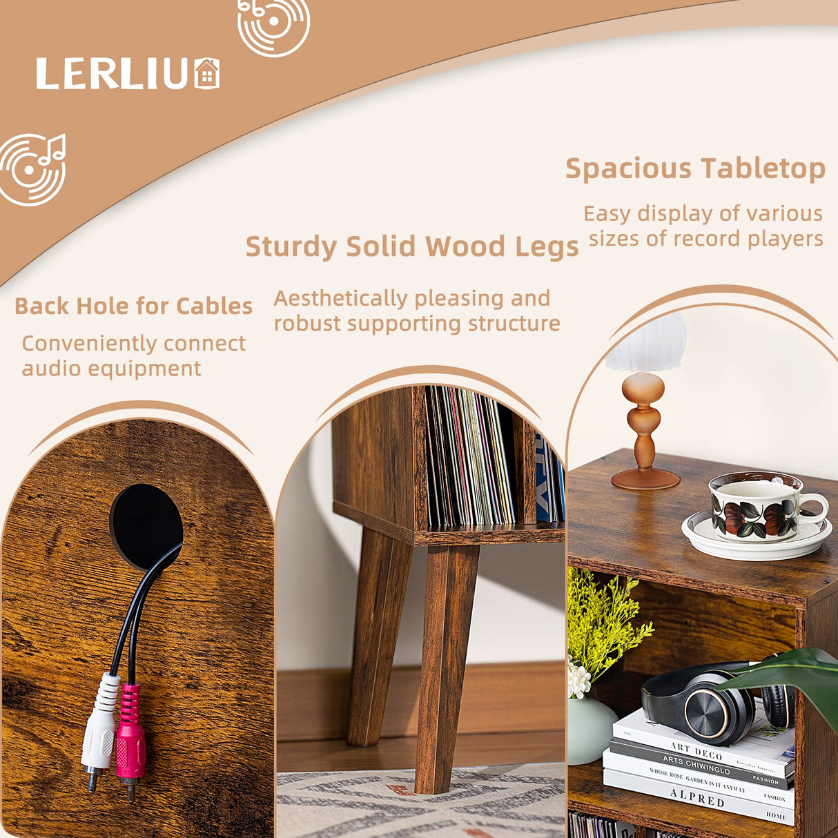 Lerliuo Record Player Stand, Brown Turntable Stand Holds up to 160 Albums, Mid-Century Vinyl Storage Cabinet Table with Solid Wood Legs, Record Player Holder Dispaly Shelf for Bedroom Living Room Lerliuo