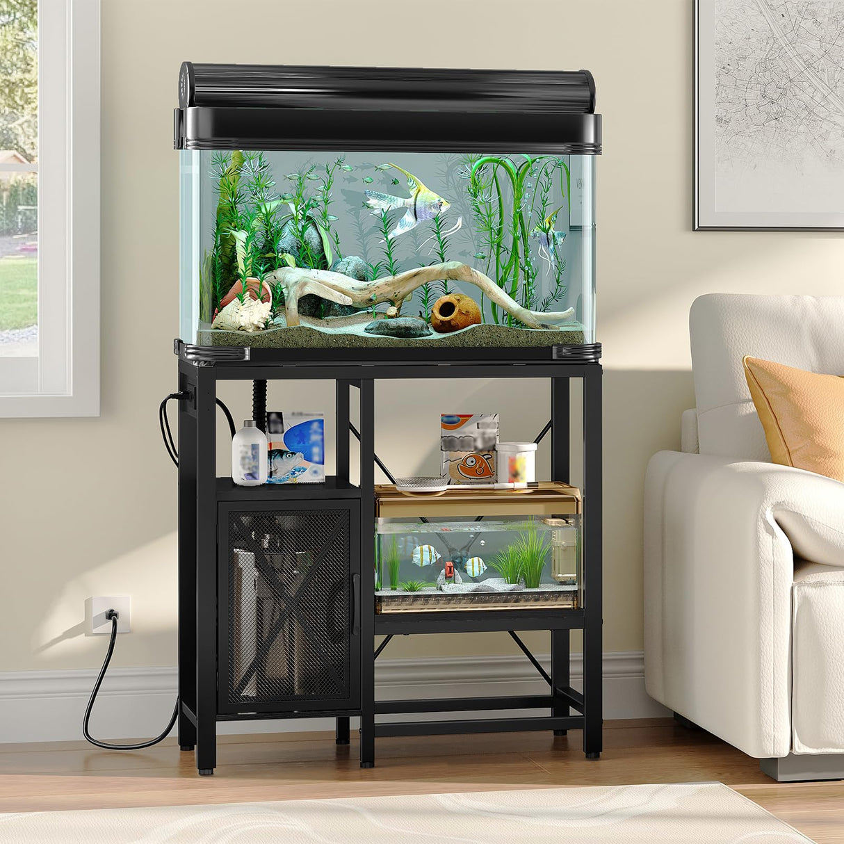 MAHANCRIS 20-40 Gallon Fish Tank Stand, Aquarium Stand with Power Outlet and Storage Cabinet, Heavy Duty Tank Stand Suitable for Turtle Tank, Reptile Terrarium, for Home Office, Black FTHB40E01 MAHANCRIS