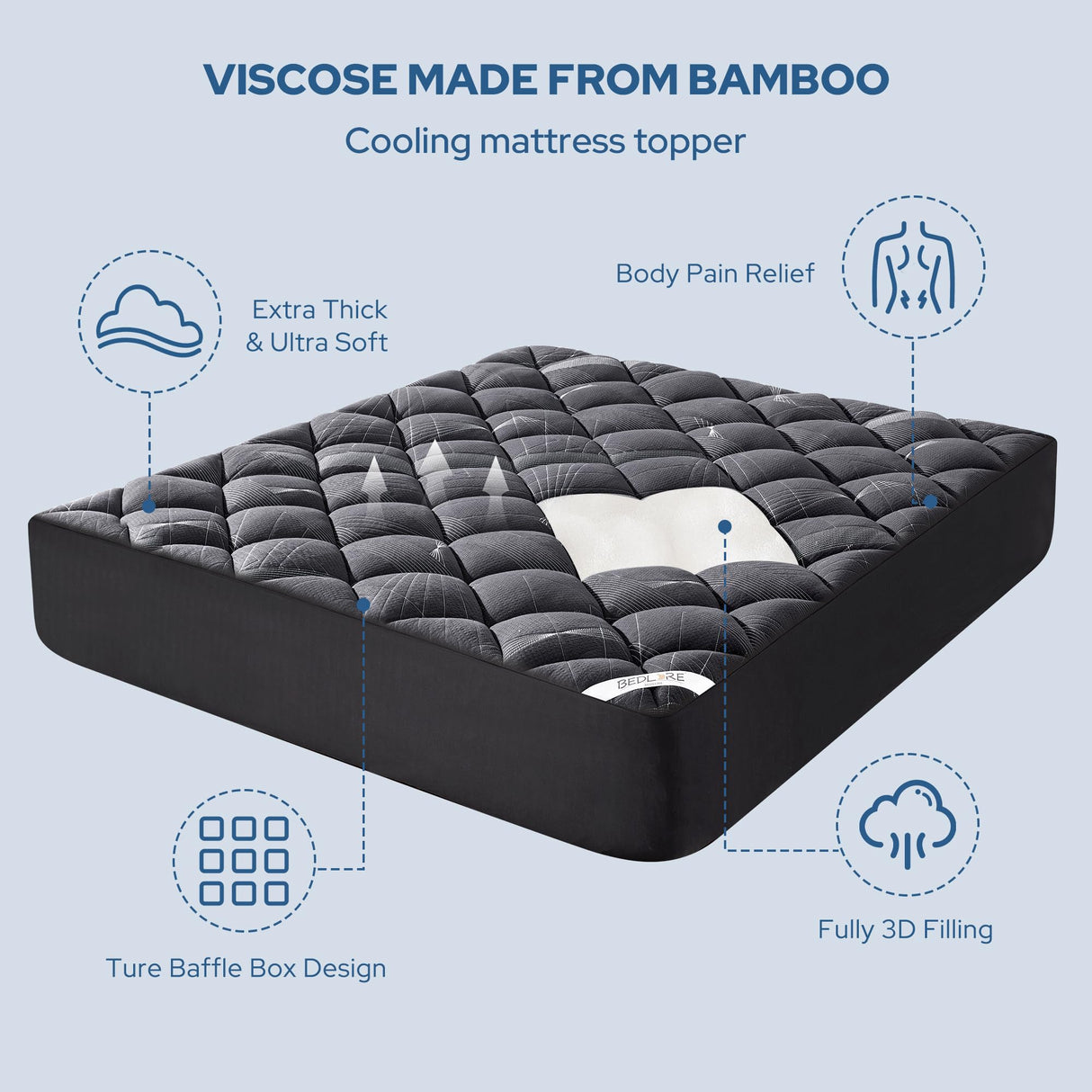 BEDLORE King Mattress Topper, Viscose Made from Bamboo Soft Pillow Top Mattress Pad, Thick Mattress Cover for Back Pain Relief with 6-18 inches Deep Pocket BEDLORE