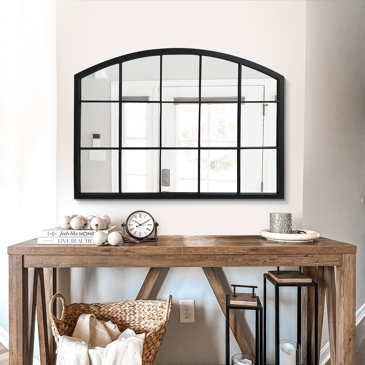 WAMIRRO Wide Window Pane Black Mirror,Farmhouse Arched Wall Mirror,Mantel Mirror for Fireplace/Entryway/Hallway/Living Room,33“X24” WAMIRRO