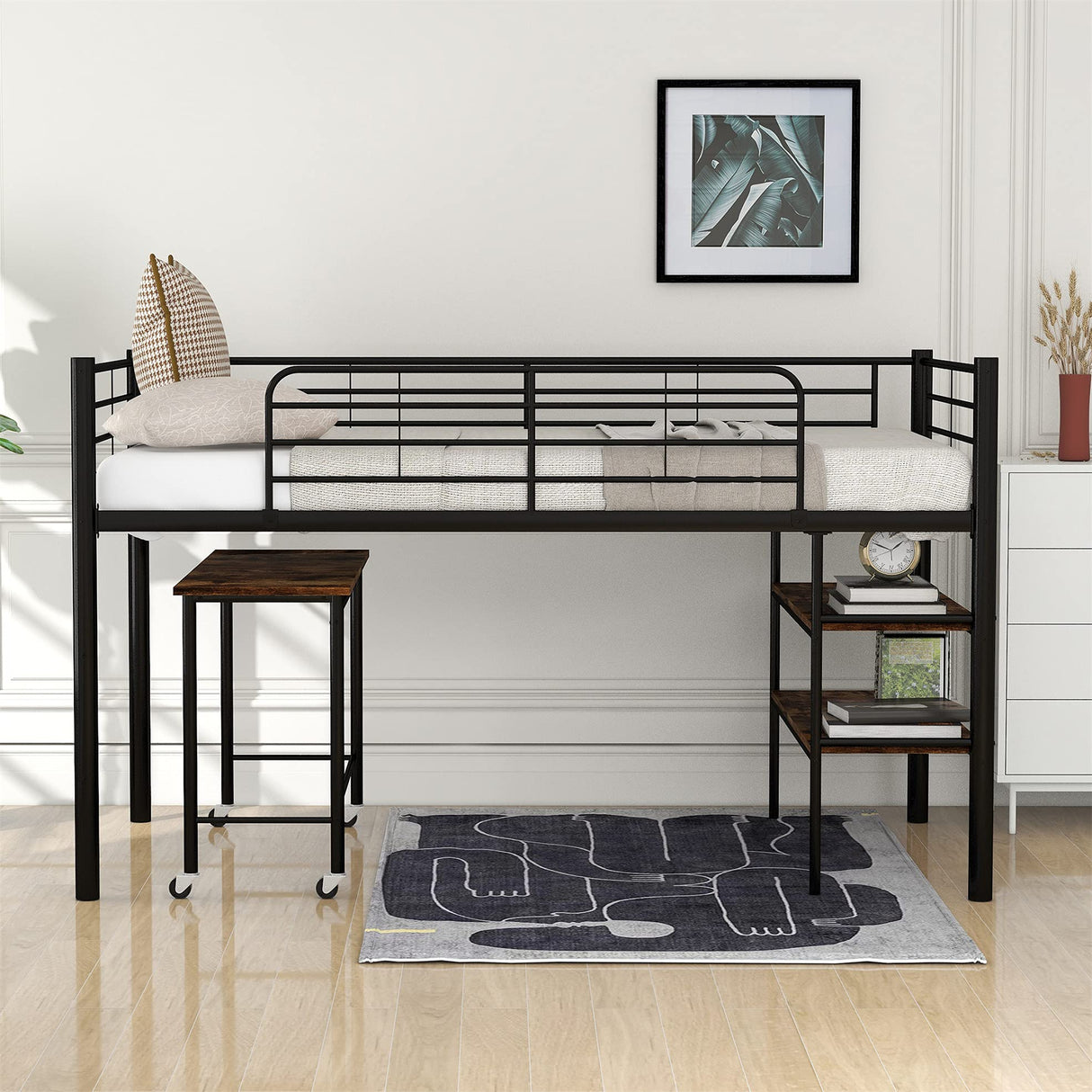 Harper & Bright Designs Low Loft Bed with Desk, Twin Size Metal Loft Bed Frame with Storage Shelves for Kids (Twin Size, Black) Harper & Bright Designs