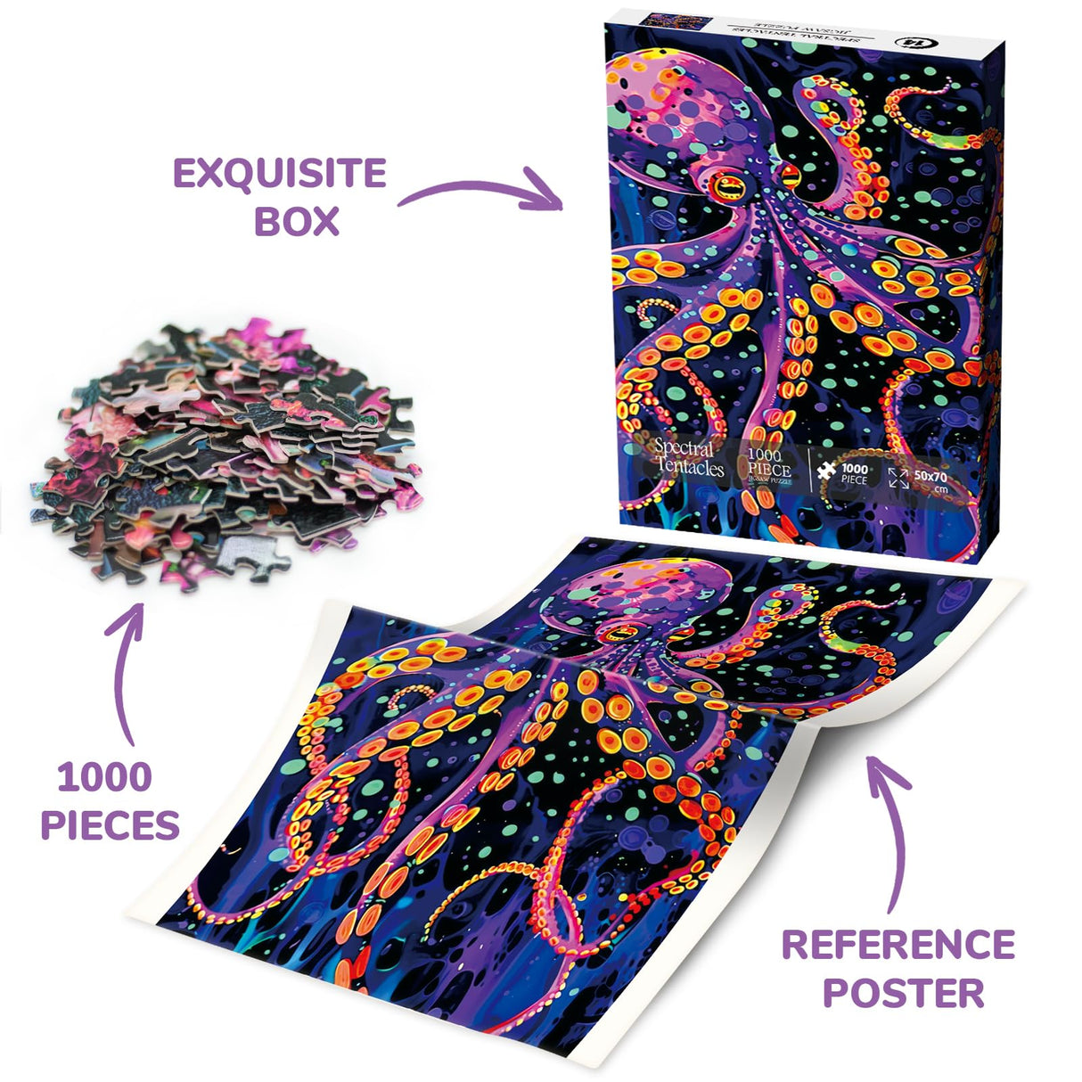 Magic Ocean Octopus Puzzle for Adults 1000 Pieces, Deep Sea Animal Jigsaw Puzzle, Colorful Art Puzzle Rainbow Glowing Challenging Puzzles BBOLDIN