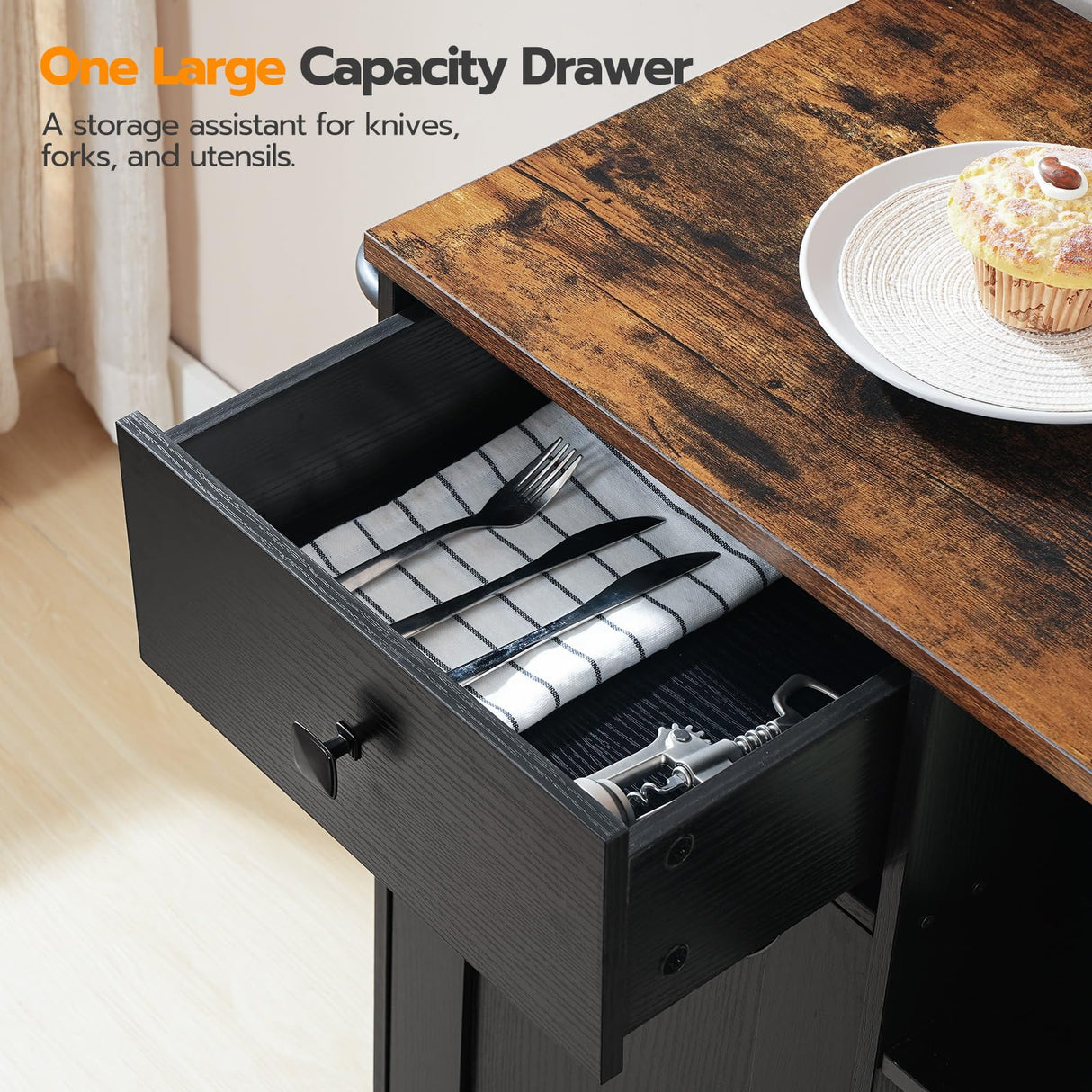 HOOBRO Kitchen Island, Storage Cabinet with Drawer, Kitchen Cart with Spice and Towel Rack, Saving Space, Easy Assembly, for Living Room, Rustic Brown and Black FB12ZD01 HOOBRO