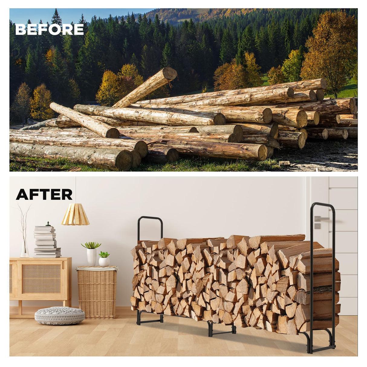 Danrelax 8ft Firewood Rack Outdoor with Cover, Wood Storage Rack for Fire log and Firewood, 600D Oxford Fabric Water-Resistant Cover, for Fireplace Indoor, Patio, Courtyard, Black Danrelax