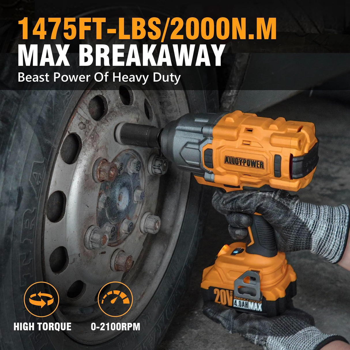 ALLOYPOWER Cordless Brushless Impact Wrench, 1475 ft-lbs (2000N.m), 1/2 High Torque power impact gun, 3-Mode Speed, 4000mAh Battery, 3 Sockets, Electric Impact Wrench Set for Car Tire Truck RV Mower ALLOY POWER