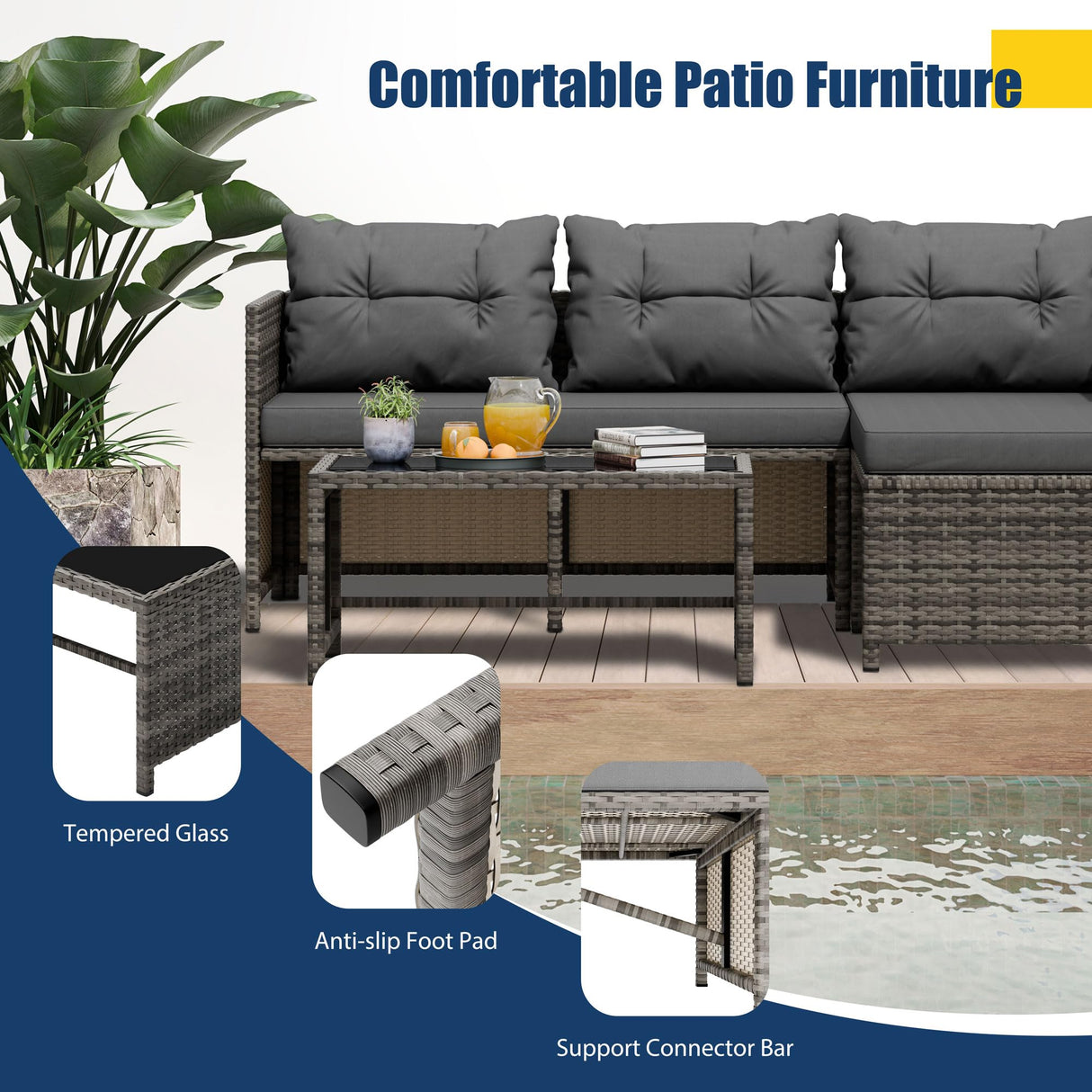 Vongrasig 3 Piece Patio Furniture Sets, All-Weather Wicker Outdoor Sofa Couch Sectional Set, Small Conversation Set for Patio, Garden w/Cushion, Glass Table, (Grey) Vongrasig