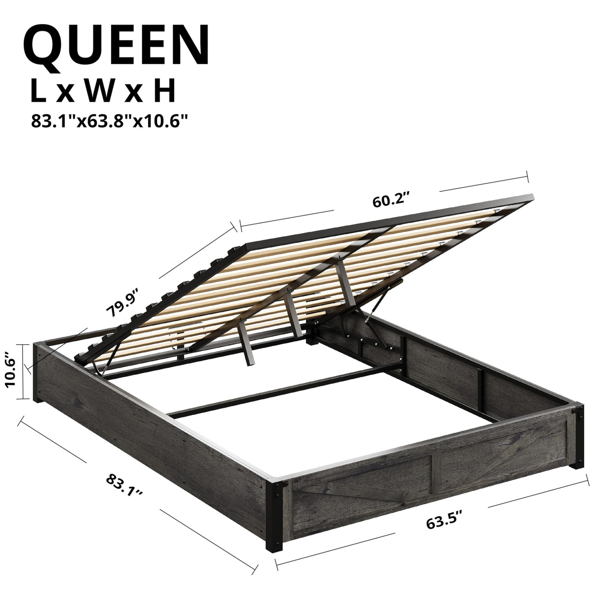 LIKIMIO Platform Queen Size Bed Frame, Farmhouse Bed Frames with Lift Up Storage, Wooden Slats, Sturdy and No Noise, Easy Assembly, Charcoal Grey LIKIMIO