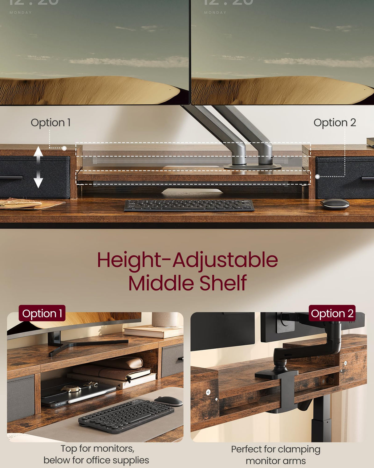 VASAGLE Electric Standing Desk with Drawers, Sit Stand Desk with Built-in Power Strip, Adjustable Height, 23.6 x 55.1 Inches, 2 Hooks, Memory Function, for Home Office, Rustic Brown ULSD184X21 VASAGLE