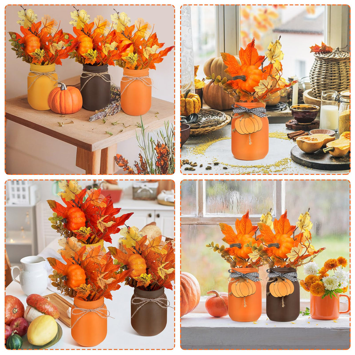 Jexine 18 Pcs Fall Thanksgiving Tables Centerpieces Pumpkin Maple Mason Jars Centerpieces for Table Decorations with Wood Signs Rope Farmhouse Fall Decor for Home Indoor Autumn Kitchen Dining Room Jexine