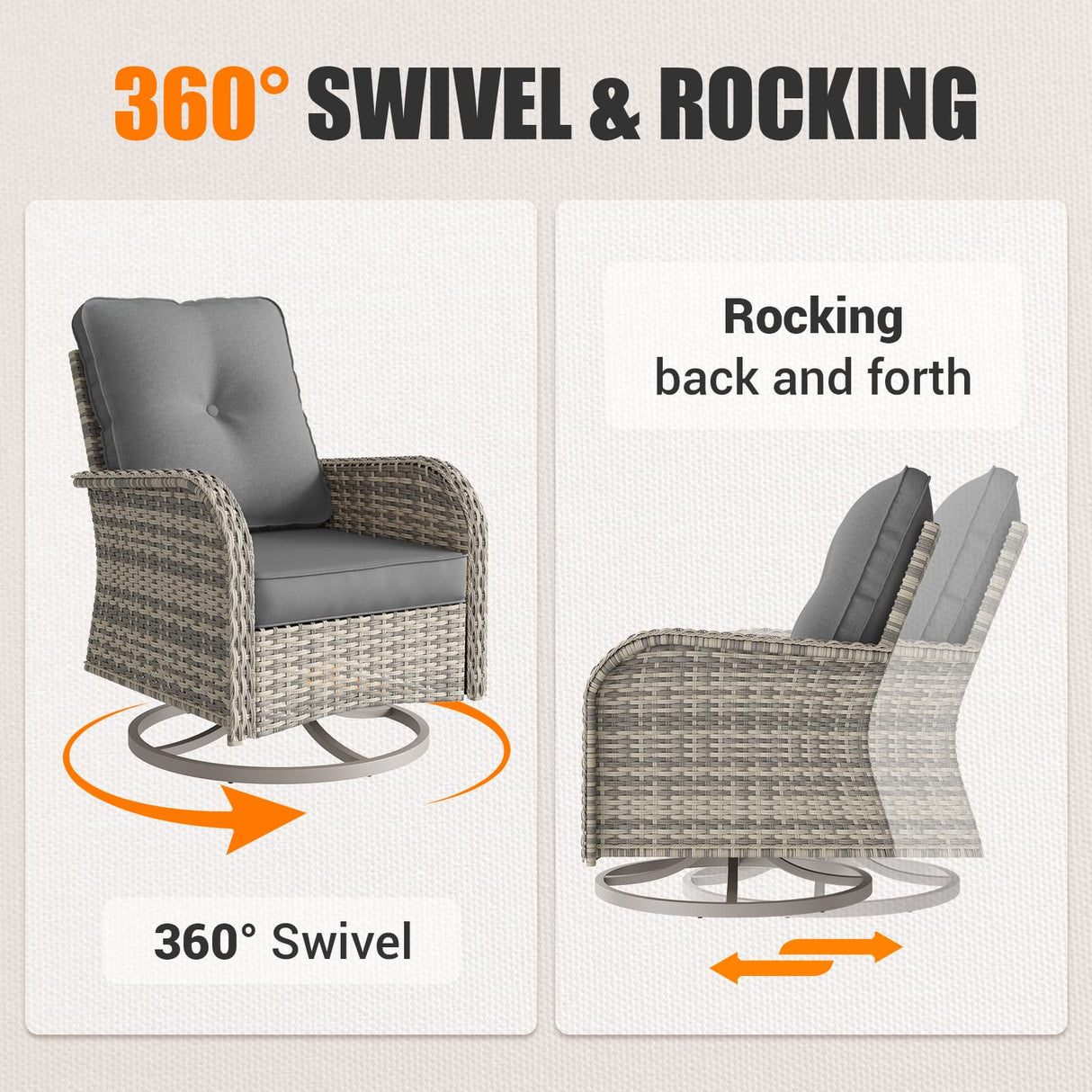 Muphyers 9-Piece Outdoor Patio Furniture Set with Rocking Swivel Chair Wicker Sectional Sofa Set, Patio Conversation Set with Thickened Cushions & Coffee Table for Garden, Backyard, Poolside, Grey Muphyers