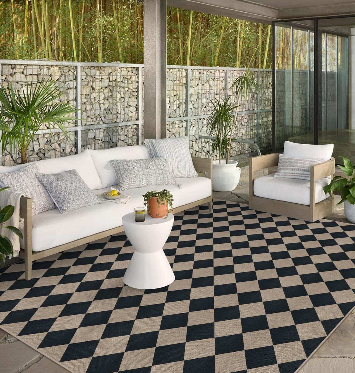 Rugalia Easy Jute Black Checkered 8x10 Area Rug, Washable Modern Outdoor Rug for Patio Non-Slip Diamond Rugs for Living Room, Neutral Farmhouse Floor Carpet for Bedroom Dining Room Classroom Rugalia