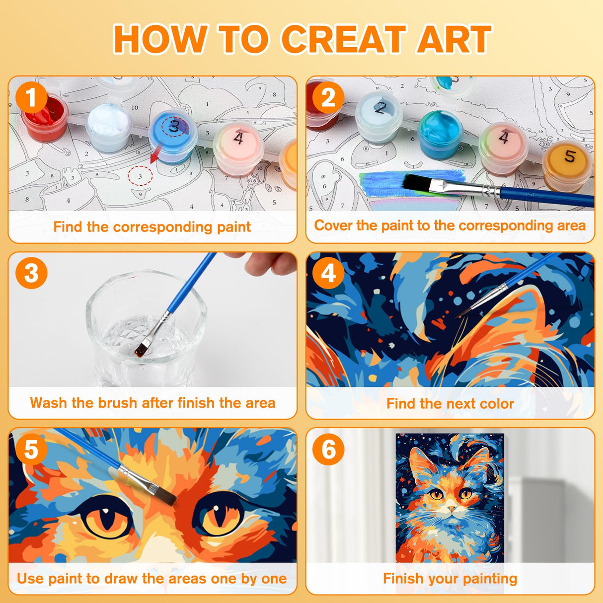 Bowetile Cat Paint by Numbers for Adults Beginners Framed, Easy Adults' Paint-by-Number Kits, DIY Adult Paint by Number Kits on Canvas, Animals Acrylic Number Painting for Home Decor, 8x12in Bowetile