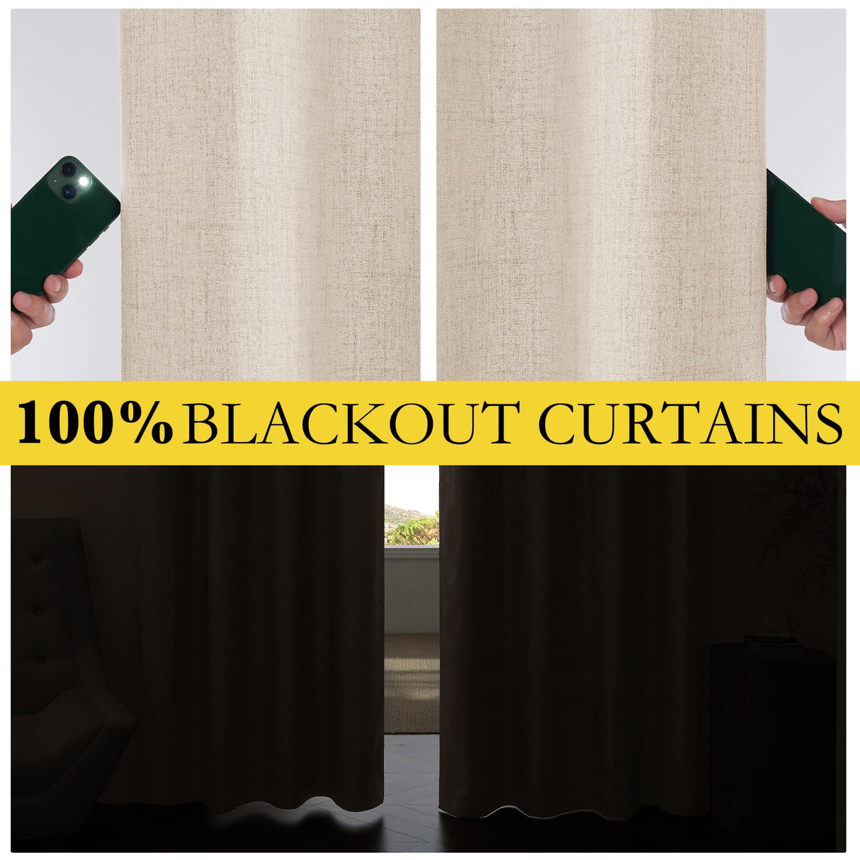 NICETOWN Rod Pocket Full Blackout Cream Linen Curtains 108" Length with Thermal Insulated Liners for Living Room, Farmhouse Style Keep Cool & Warm Large Window Drapes for Hall (2 Panels, 52" Wide) NICETOWN