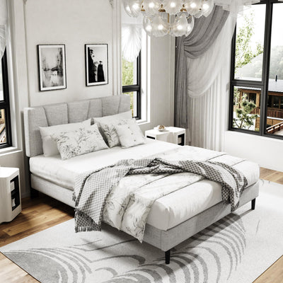 Queen Size Platform Bed Frame with Upholstered Headboard, Wooden Slats Support, Noise Free, No Box Spring Needed, Easy Assembly, Light Grey, Linen