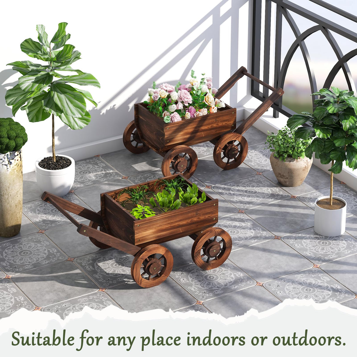 PULIJIA Wooden Wagon Planter Outdoor Garden Planter, Trolley Decoration Succulent Flower cart, Indoor Outdoor Backyard Balcon Decor cart with Wheels, Planter for Patio (HC-S) PULIJIAJU