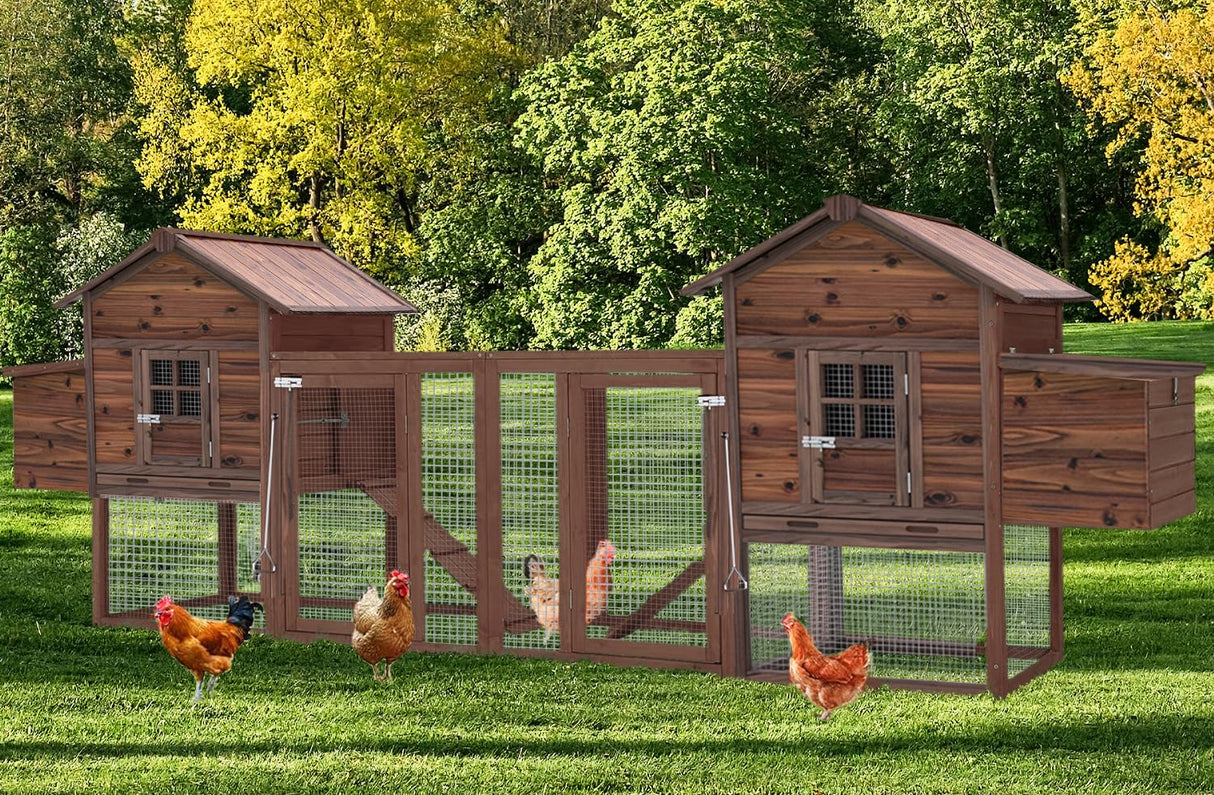 Wooden Chicken Coop Large Walk-in Outdoor Hen House with Nesting Box and Run,Poultry Cage Rabbit Hutch Waterproof UV Panel Cover for 2-4 Chickens 80''H Deep Brown #821 (160" L x 21" W x 44" H) Grezone