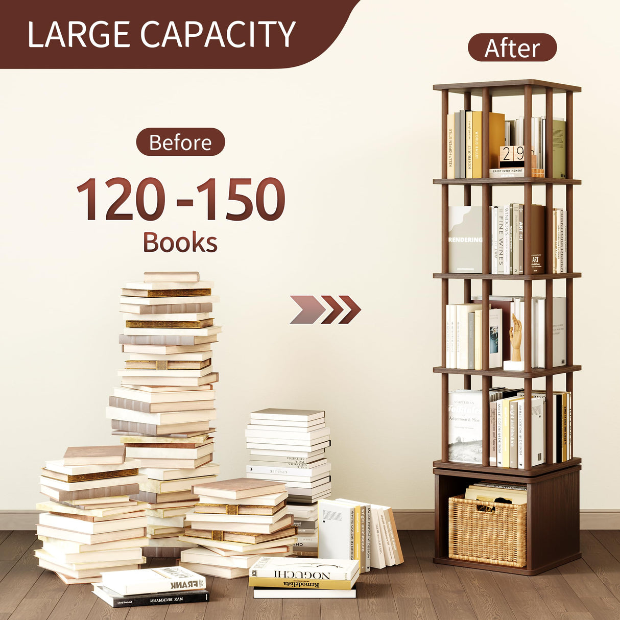 IOTXY 5-Tier Rotating Bookshelf Tower - Beech Wood Frame Spinning Bookcase with Storage Base, Tall Freestanding Revolving Shelf Organizer, Walnut IOTXY