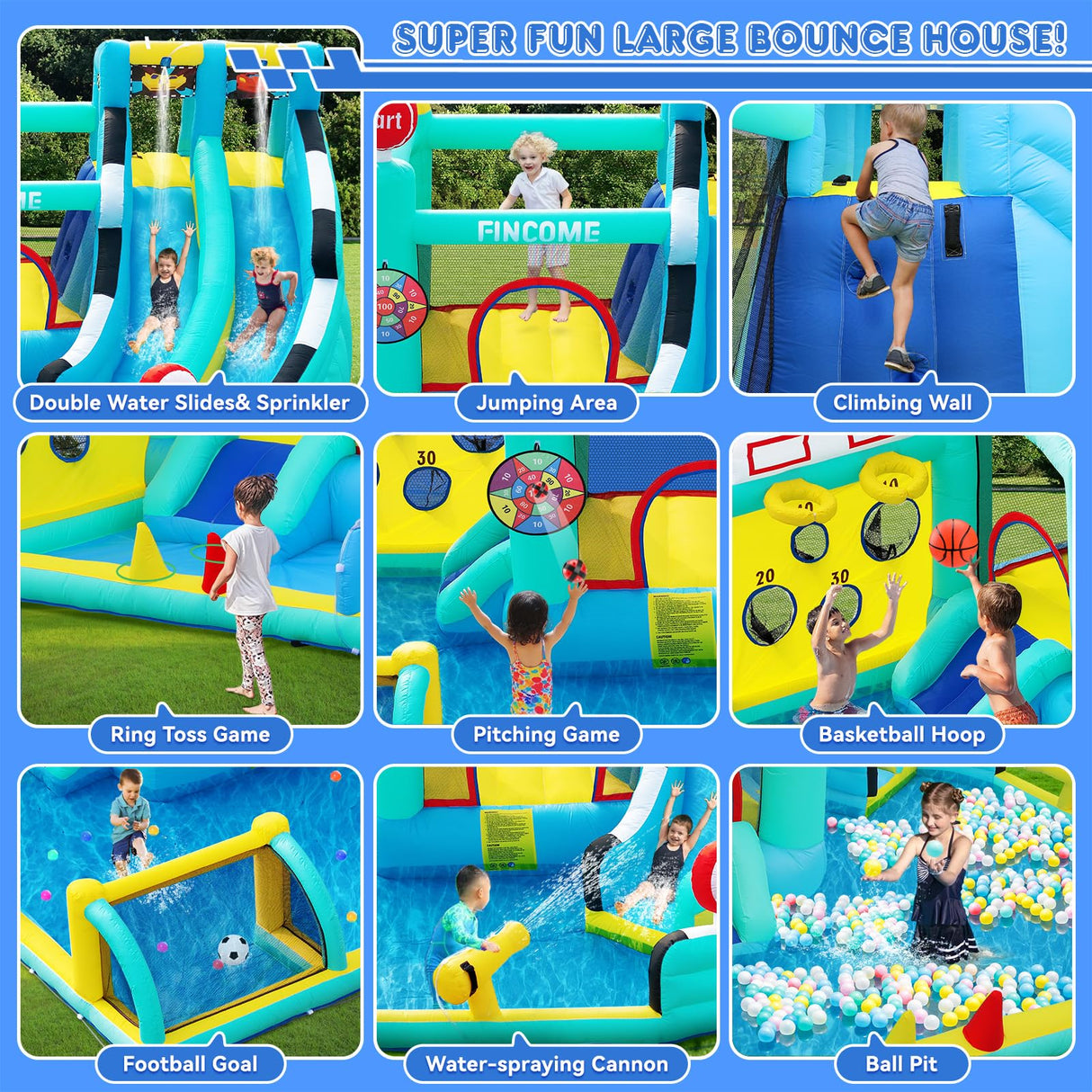 FINCOME Bounce House Double Slides for Kids 3-12, Large Bounce Castle with Air Blower 550W, Pool, Jumping, Climbing, Balls, Ring Toss, Inflatable Water Park for Birthday Party Holiday Outdoor Indoor FINCOME