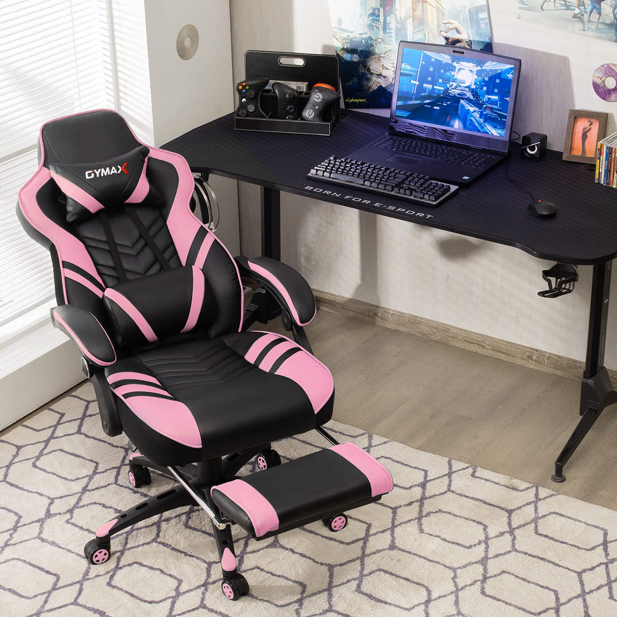 GYMAX Gaming Chair, Ergonomic Computer Chair with Footrest, Linkage Armrests & Lumbar Cushion, Big Wide High Back Video Gaming Chair, Reclining Office Rolling Chair for Adult/Teens (Pink) GYMAX