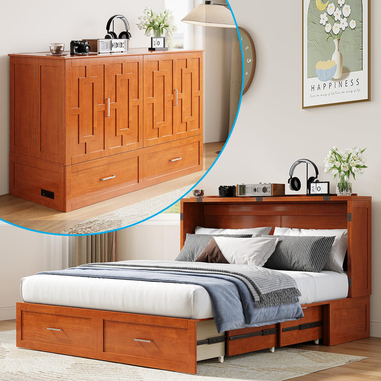 ADOWORE Queen Murphy Bed, Murphy Cabinet Bed with Built-in USB Charging Station & Large Storage Drawers, Horizontal Murphy Bed Wood Murphy Chest Bed for Bedroom, Maroon ADOWORE