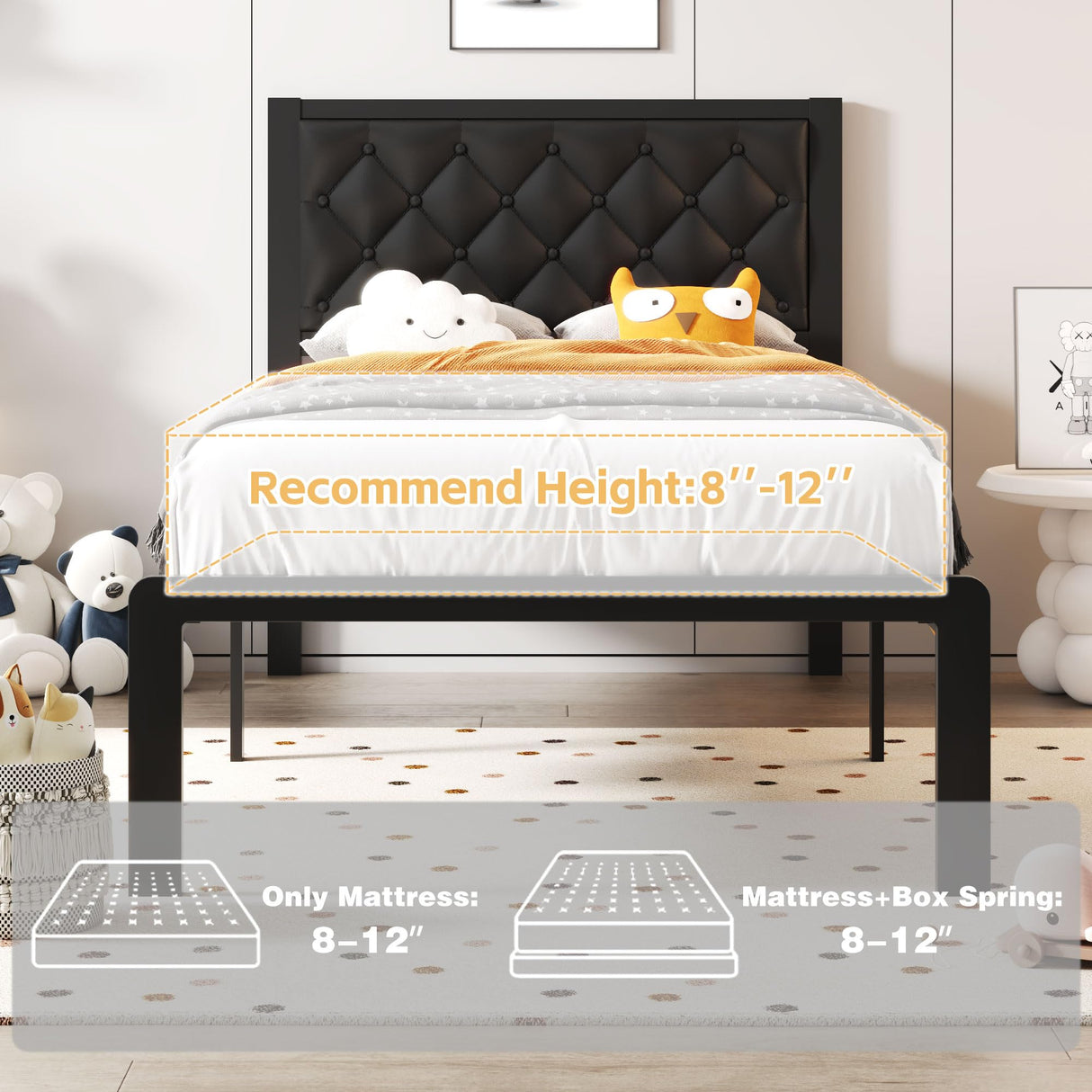 Fluest Twin Bed Frame with Headboard PU Leather Upholstered Bed Frame Platform,All Metal Slats Support Platform Bed Frame with Storage Space,Easy Assembly,Noise Free,No Box Spring Needed,Black Fluest