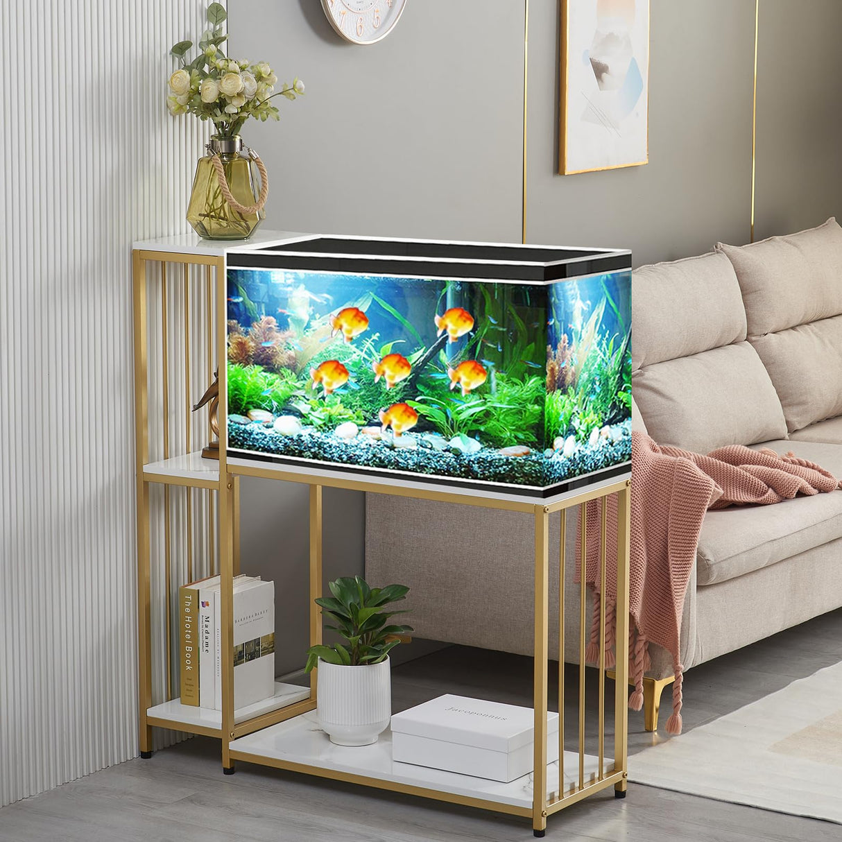 GOLASON Fish Tank Stand for up to 29 Gallon Aquarium, Reptile Terrariums Tank Stand, Metal Wooden Aquarium Stand, Gold GOLASON