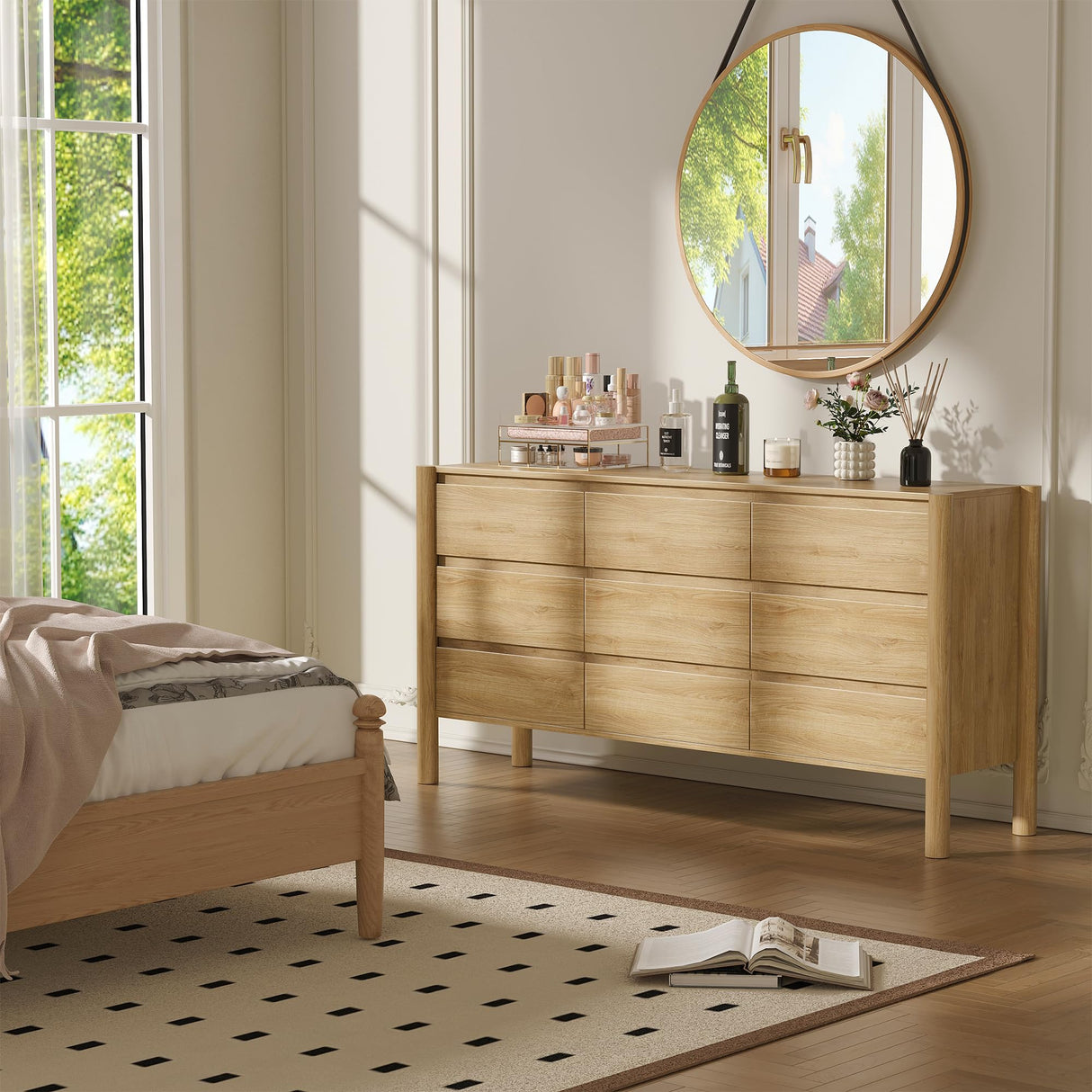 CHUWELL Dresser for Bedroom, 63" Wide Mid Century Modern Chest of Drawers with 9 Large Storage Space and 4 Solid Wood Cylindrical Legs, 9 Drawer Large Dresser for Bedroom(Oak) CHUWELL