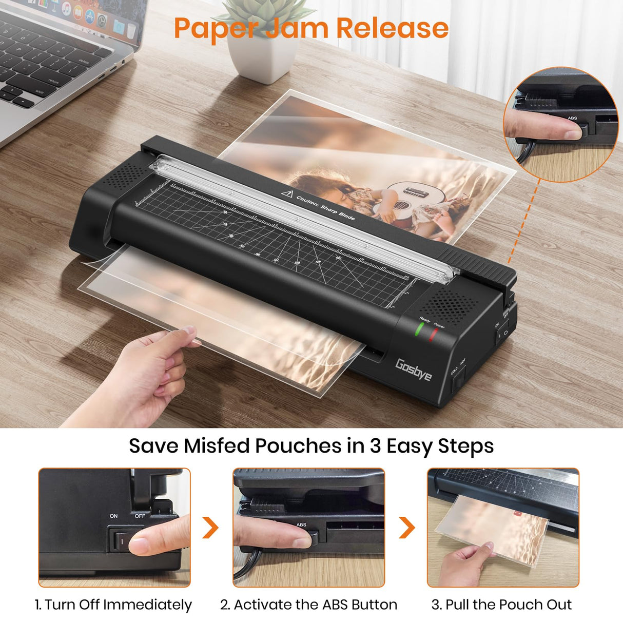 Gasbye Laminator Machine, 13-Inch Thermal Laminator with Steel Paper Cutter, 13 Laminating Pouches, Corner Rounder, Jam Release Button for Home, Office, School, Teachers, Personal Use, Black Gasbye