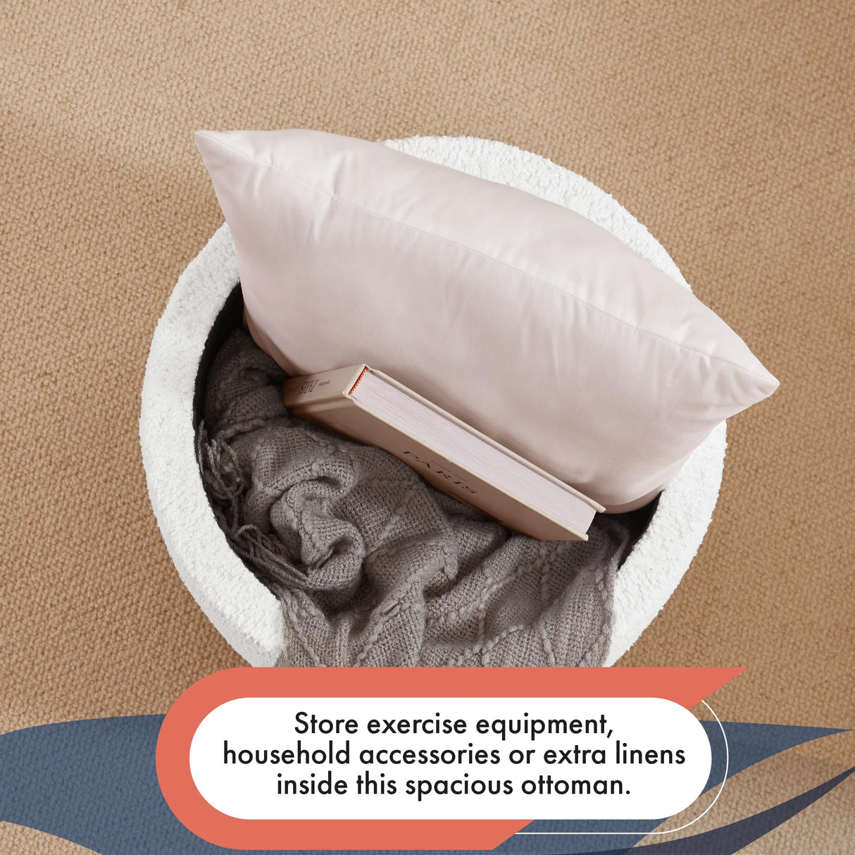 Ornavo Home Decor Round Ottoman with Storage, Boucle White Teddy Round Vanity Chair Stool Ottoman Pouf with Storage for Living Room and Bedroom Ornavo Home