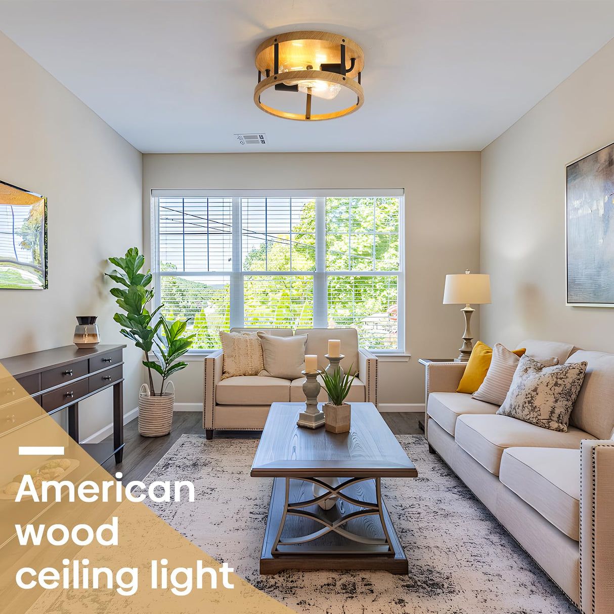 DOXVIEZE 2-Light Retro Close to Ceiling Light, Wood Finish Flush Mount Ceiling Light with Black Metal, Easy Assembled, Industrial Round Farmhouse Ceiling Lamp for Hallway Entryway Bedroom DOXVIEZE