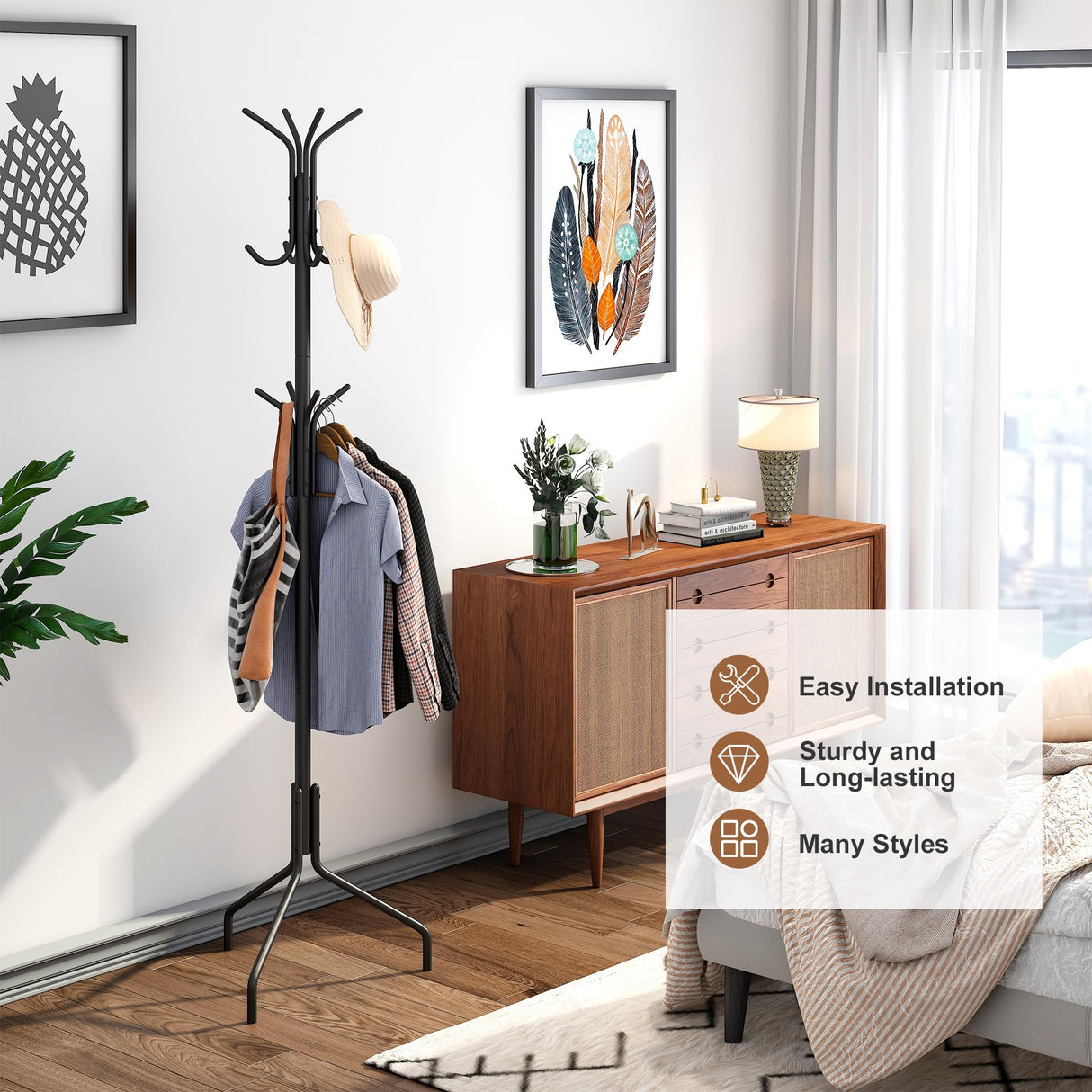 FILWH Coat Rack Freestanding Coat Tree Standing Coat and Hat Hanger Jacket Organizer Rack Metal,18.3" L x 18.3" W x 71.5" H, Black FILWH