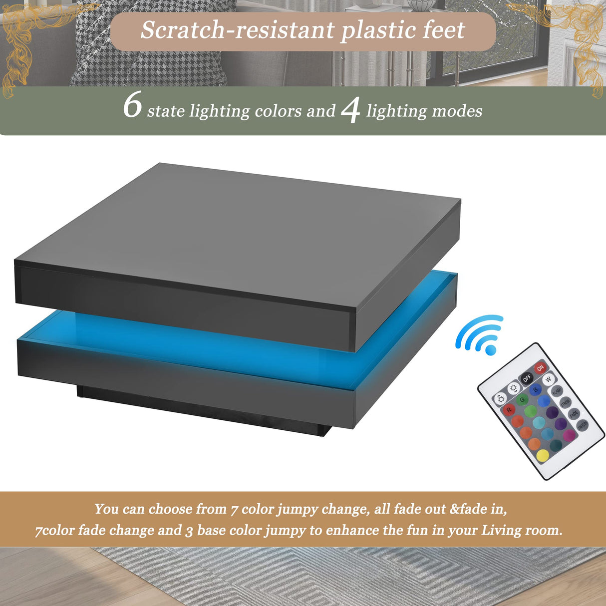 LED Coffee Table Modern High Gloss Cocktail End Table with 16-Color LED Lights, 2-Tier Square Coffee Table,Center Table for Living Room (Black) Harper & Bright Designs